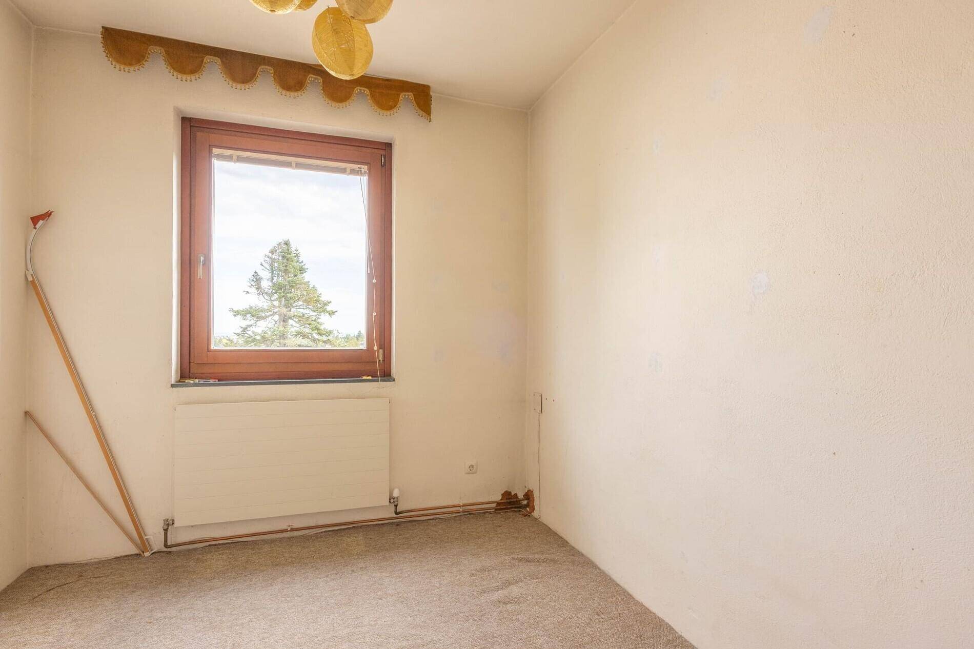 Unmöbliertes Zimmer mit Teppichboden, hellen Wänden und einem Fenster mit Ausblick.