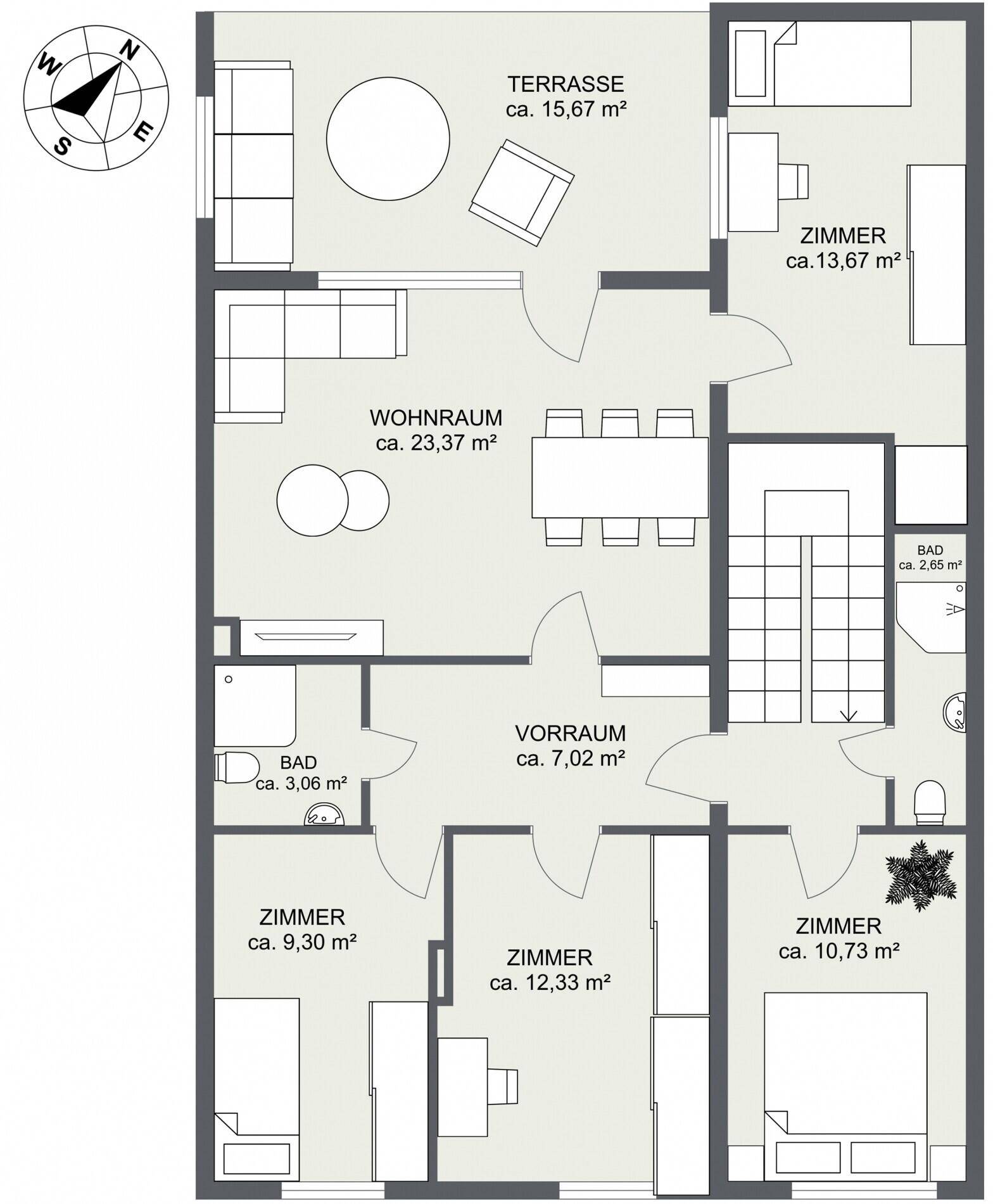 Grundriss des Obergeschosses mit Wohnraum, drei Zimmern, zwei Bädern und Terrasse.