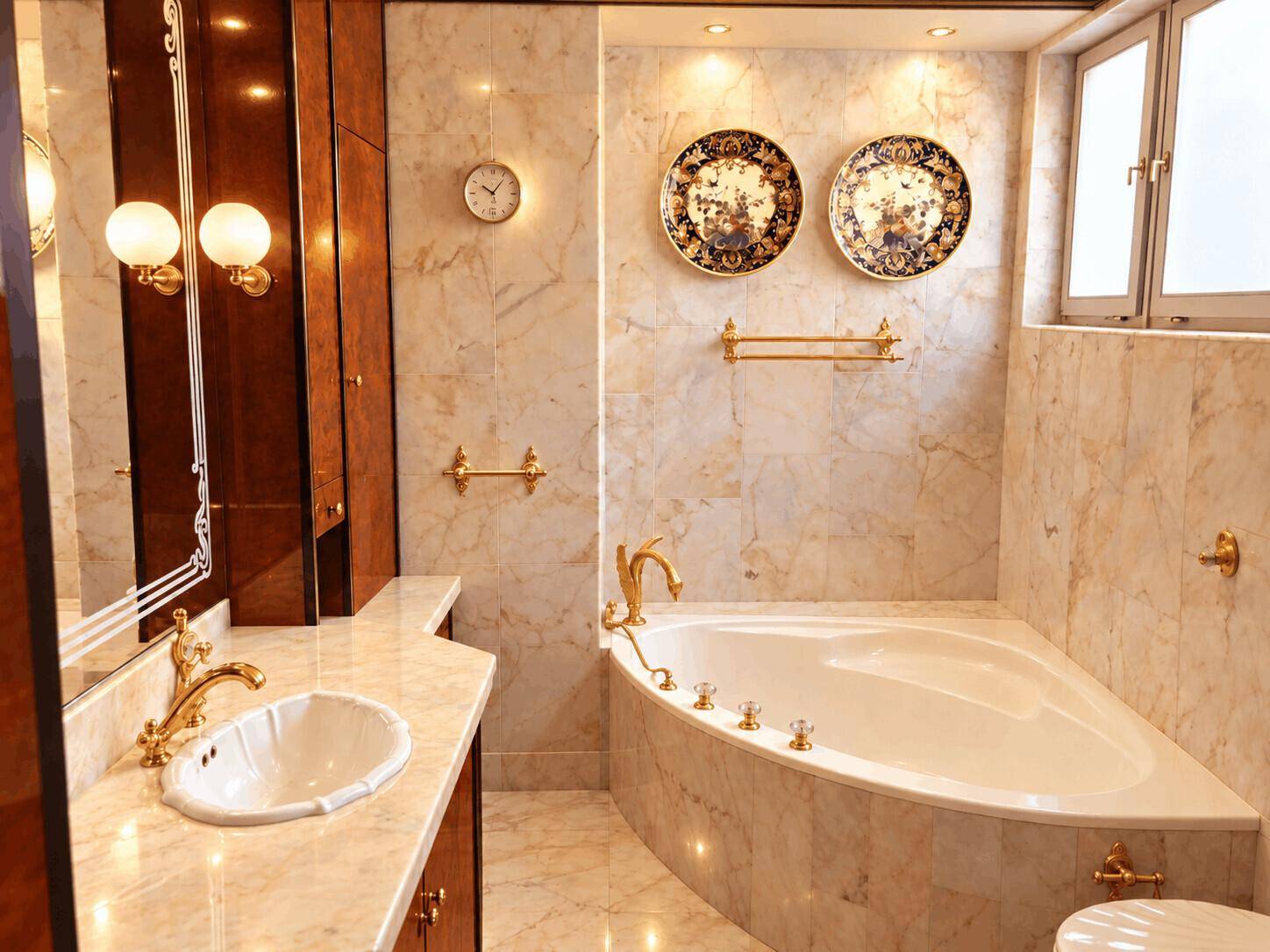 Luxuriöses Badezimmer mit Marmorfliesen, Eckbadewanne und goldenen Armaturen.
