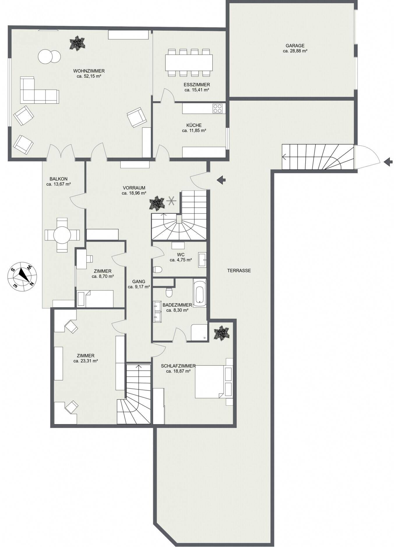 Grundriss des Erdgeschosses mit Wohnzimmer, Esszimmer, Küche und mehreren Schlafzimmern.