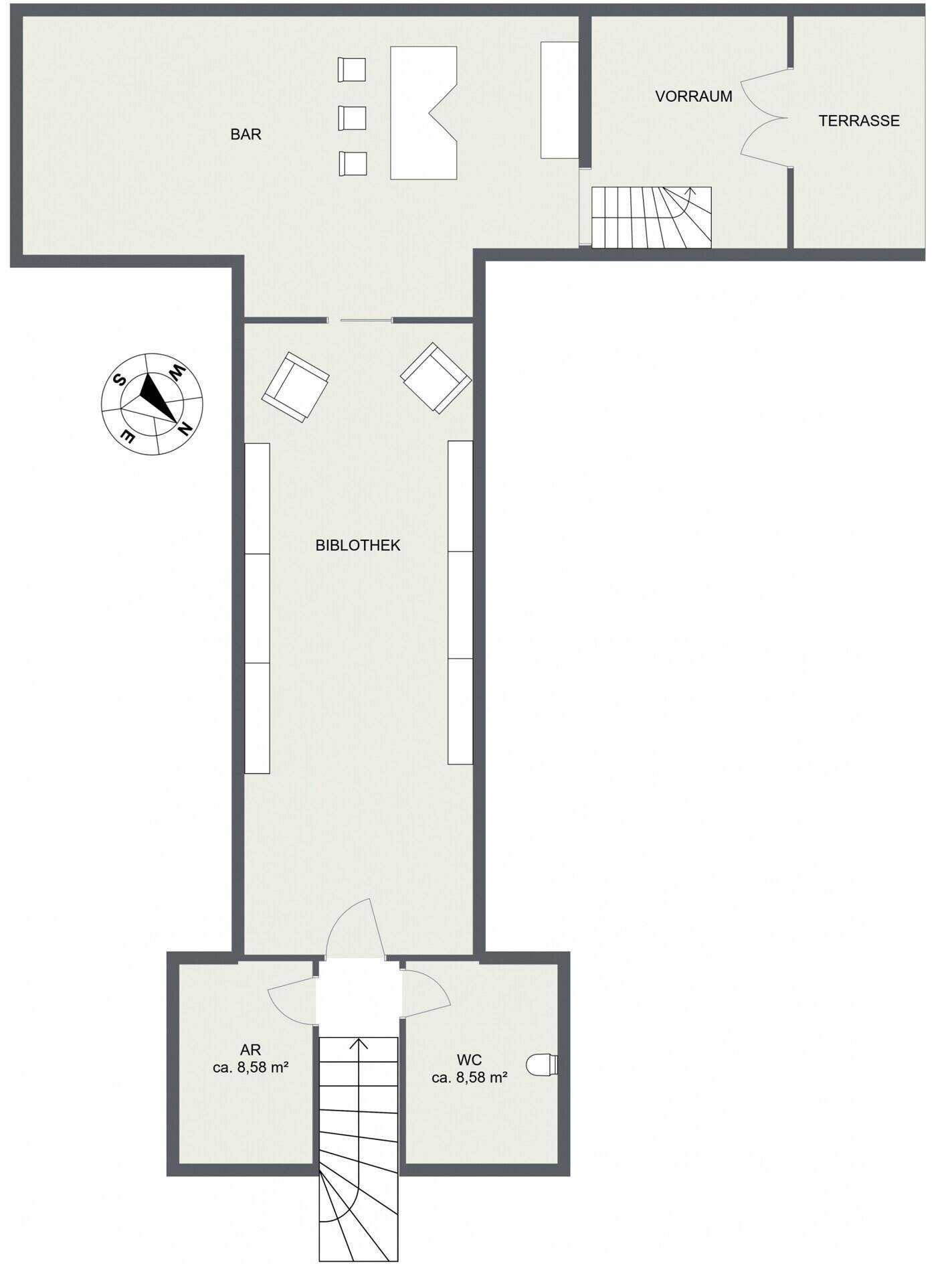 Grundriss mit Bibliothek, Bar, Abstellraum, WC und Zugang zu einer Terrasse.