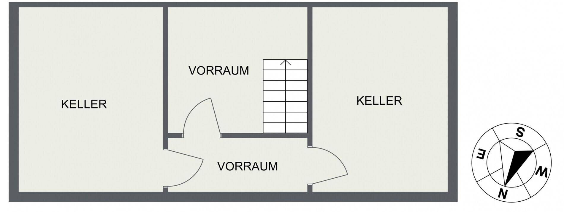 Grundriss des Kellergeschosses mit zwei Kellerräumen und einem Vorraum.