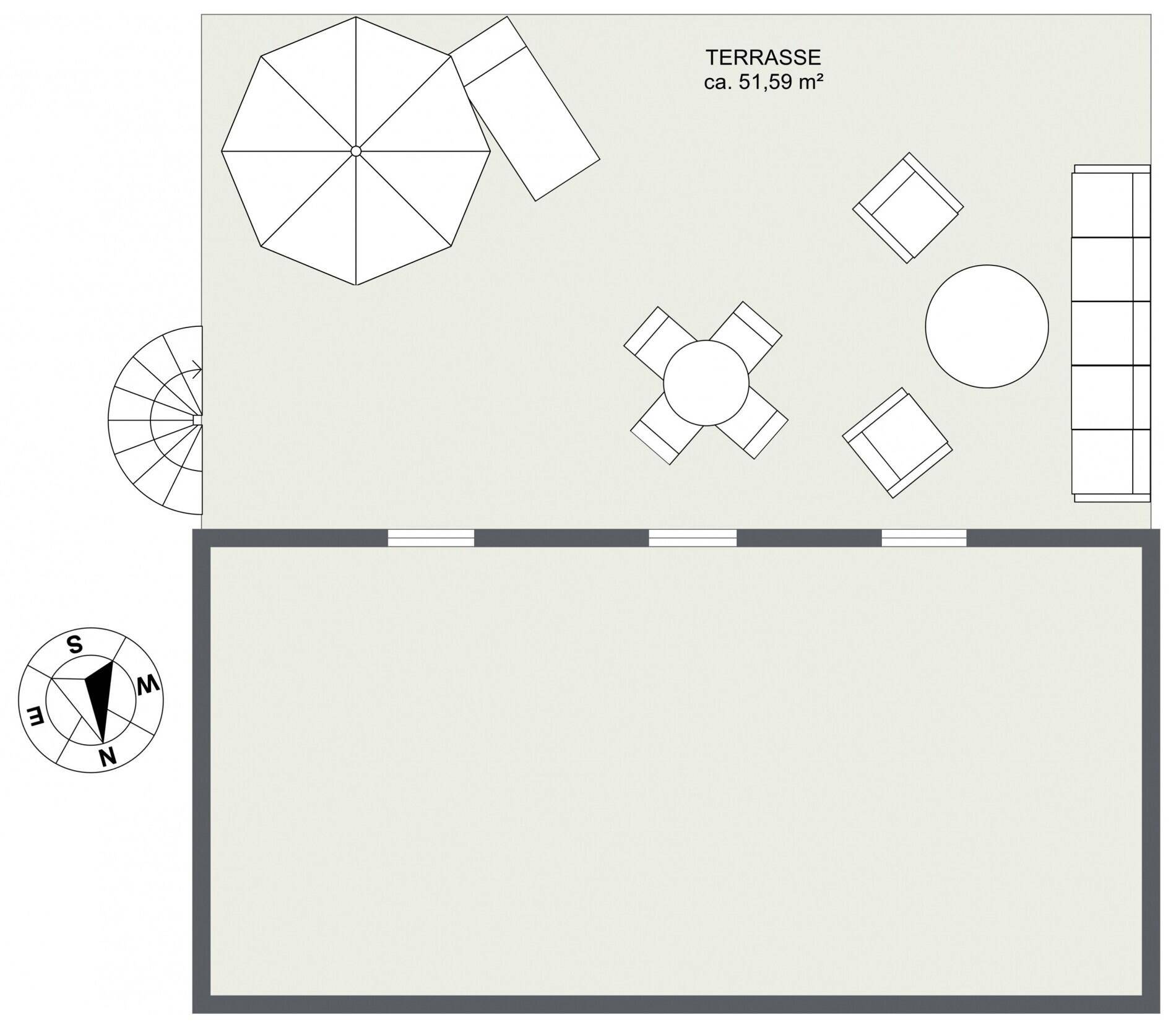 Grundriss des Dachgeschosses mit großer Terrasse und Wendeltreppenzugang.