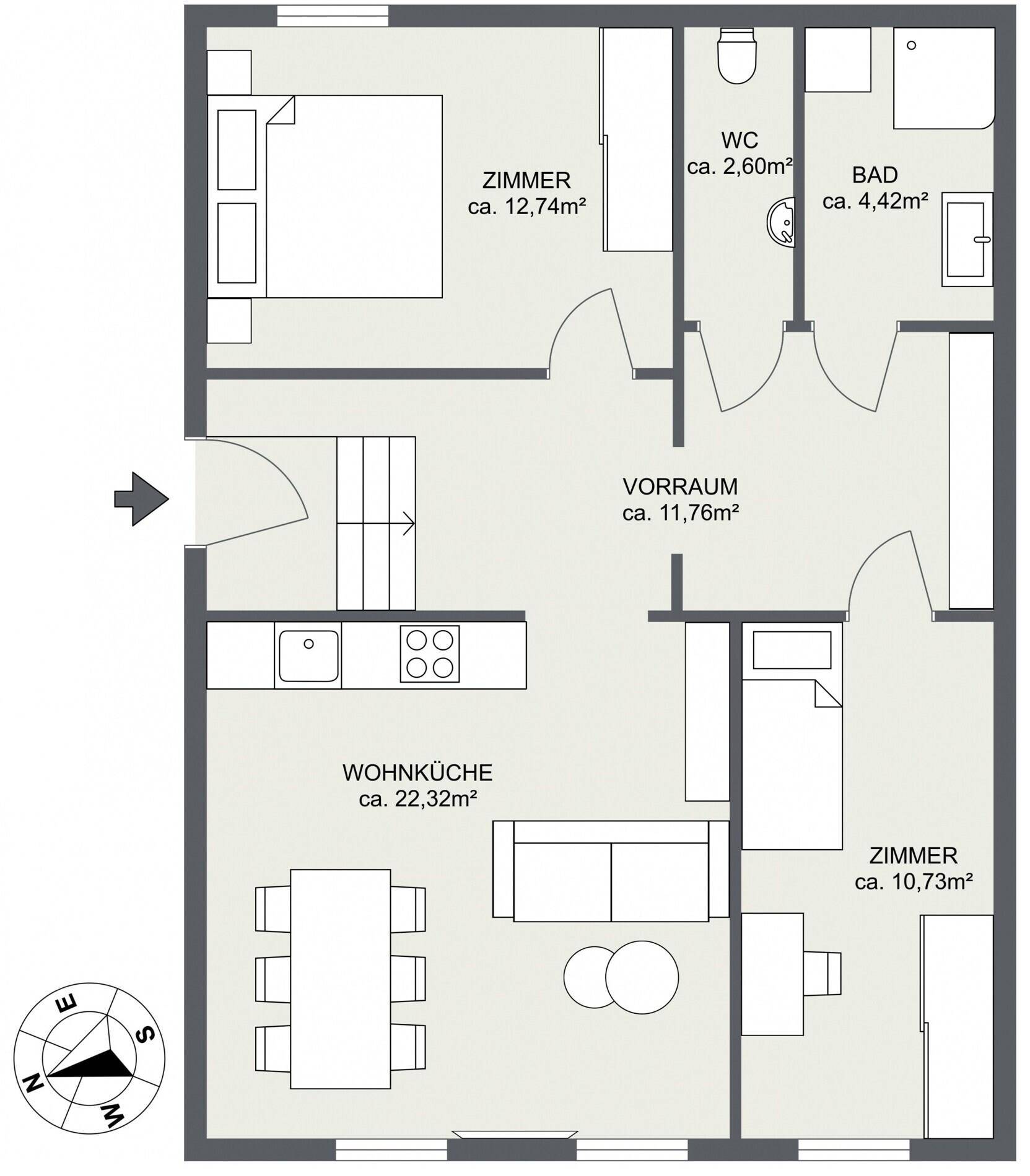 Grundriss der Wohnung mit Wohnküche, Schlafzimmern und Badezimmern auf ca. 80m².