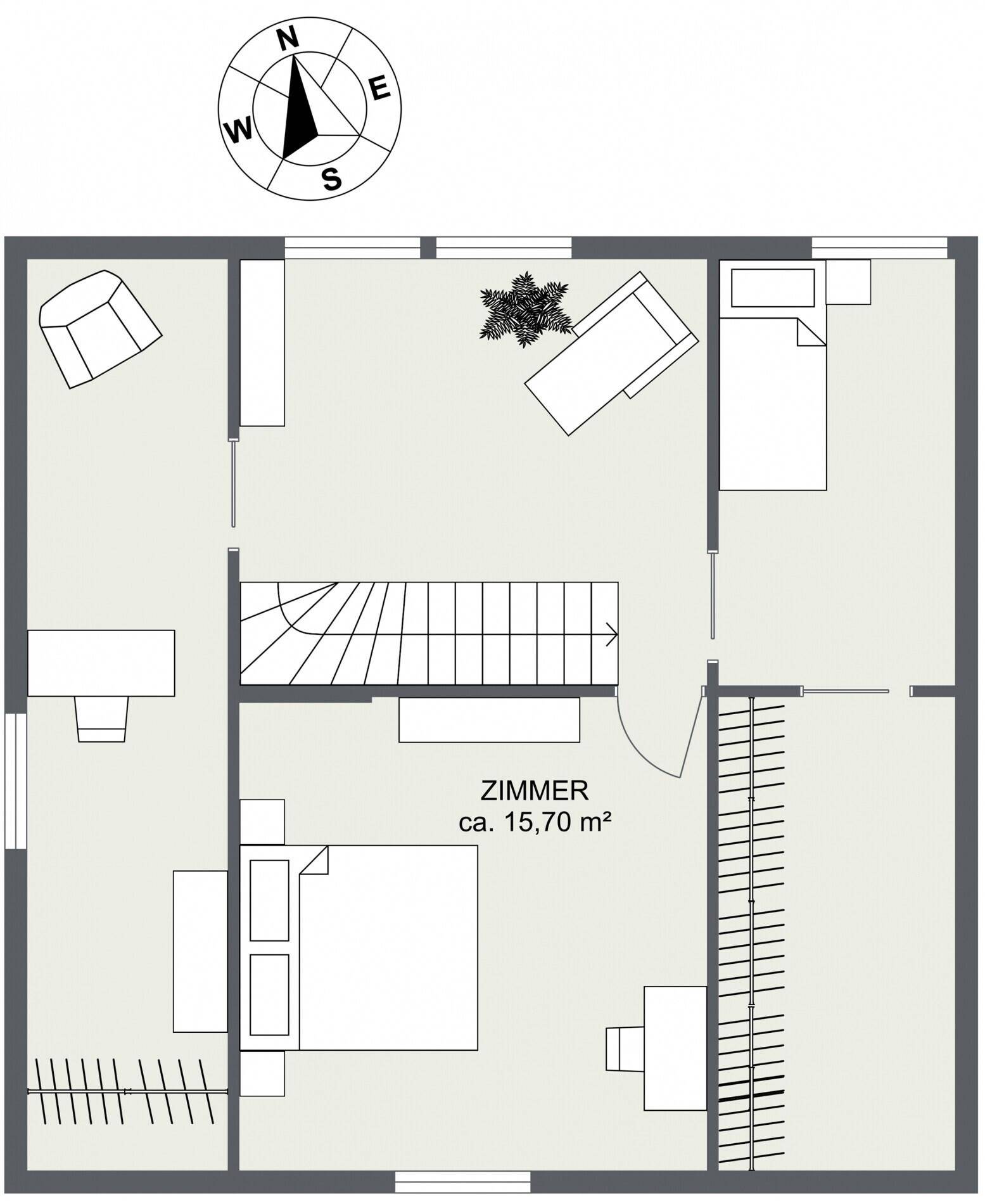 Grundriss des Obergeschosses mit Schlafzimmern und Treppenaufgang.