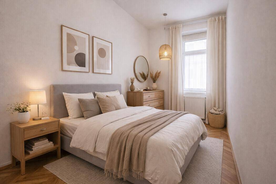 Gemütliches Schlafzimmer mit Holzboden, Doppelbett und natürlicher Dekoration.