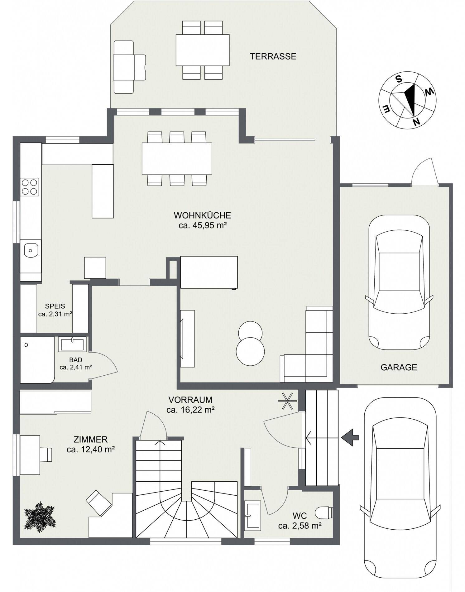 Grundriss des Erdgeschosses mit offener Wohnküche, Terrasse und Garage.