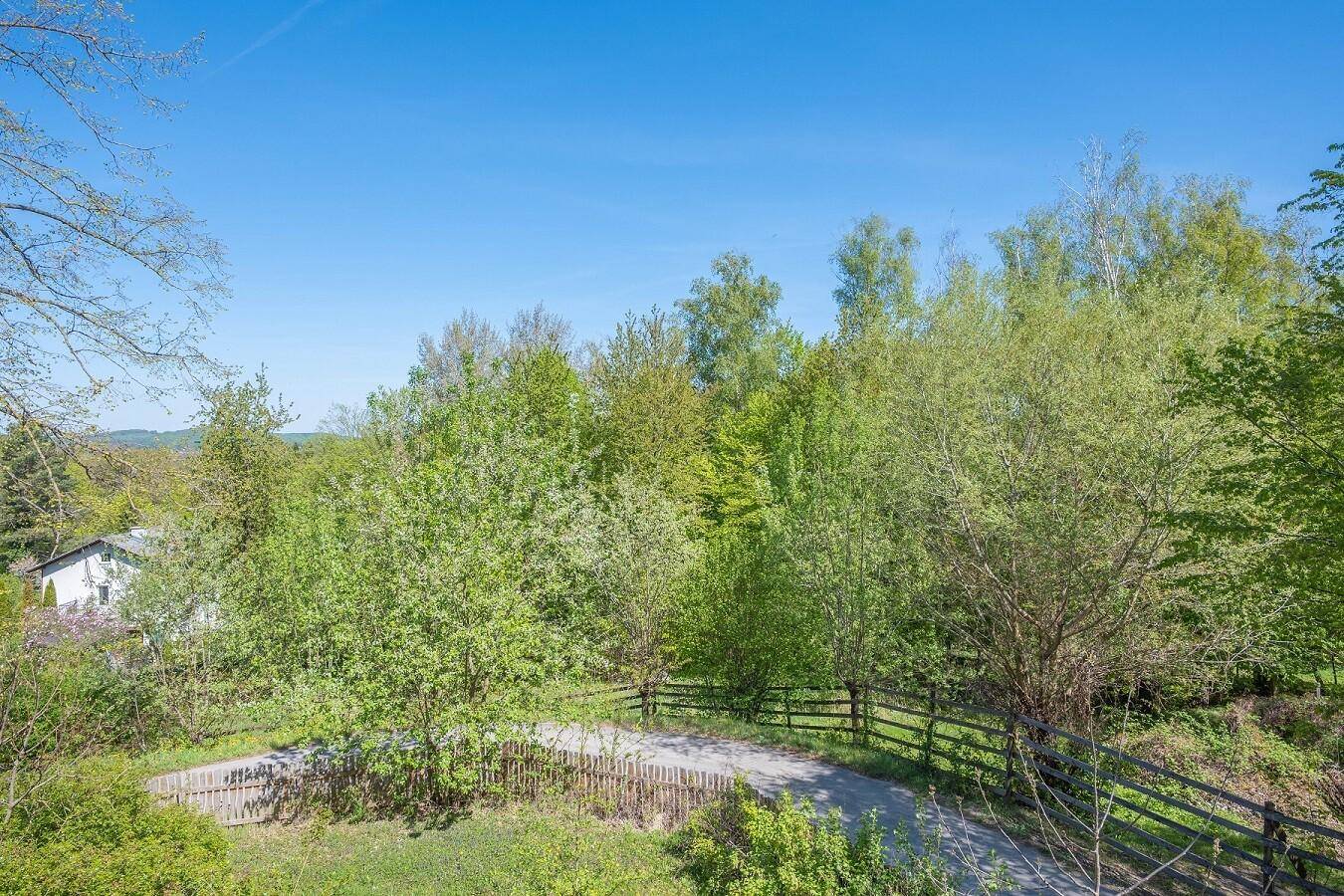 Weitläufiger Blick über die grüne, bewaldete Landschaft unter blauem Himmel.