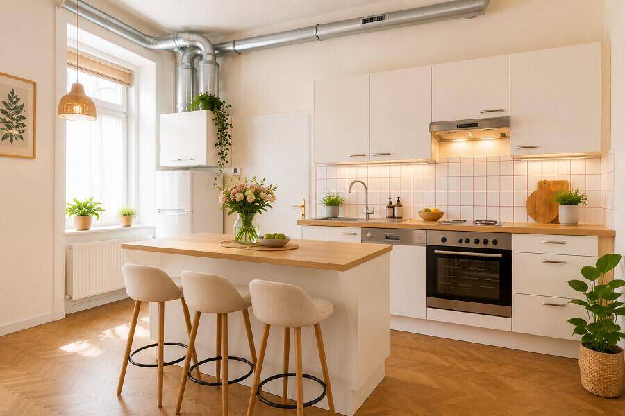 Moderne Küche mit weißen Schränken, Holztheke und integrierten Geräten.