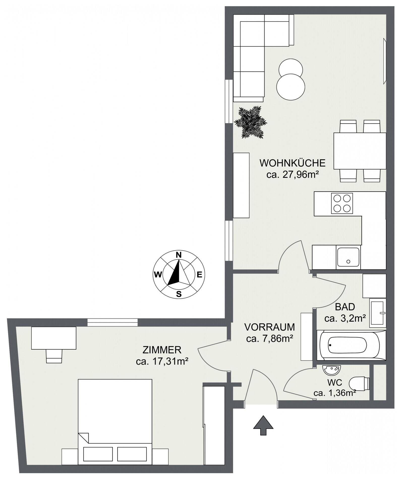 Detaillierter Grundriss einer Wohnung mit Wohnküche, Schlafzimmer, Bad und separatem WC.