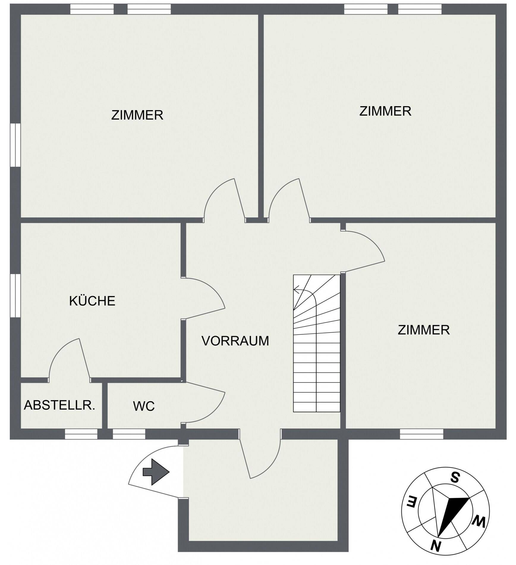 Grundriss des Erdgeschosses mit Küche, WC, Abstellraum und drei Zimmern.