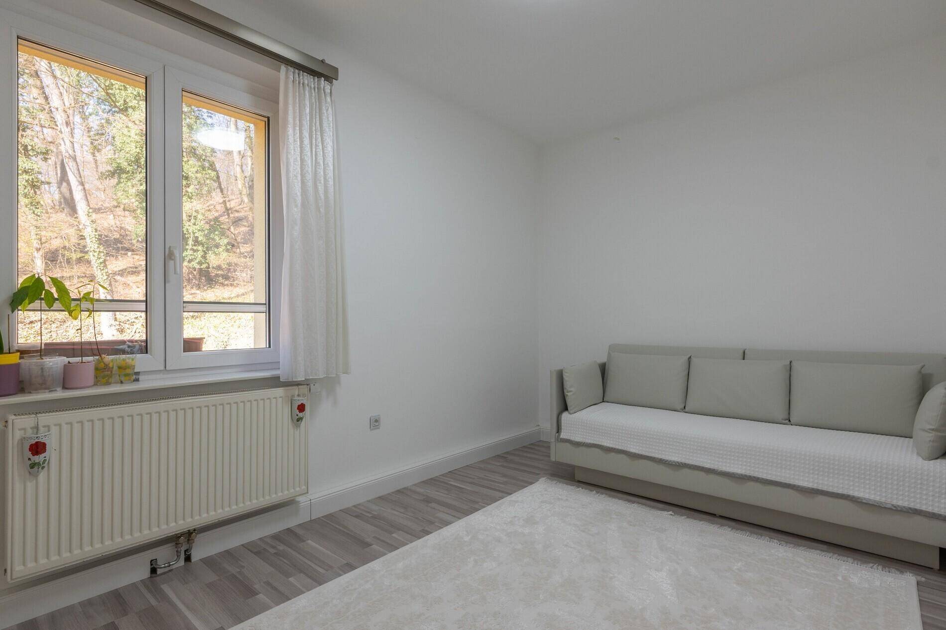 Heller Raum mit Sofa, Teppich und Fenster mit Blick auf bewaldete Hügel.