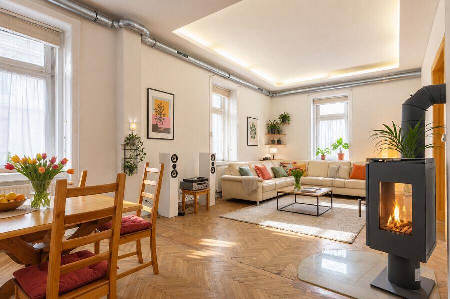 Heller Wohn- und Essbereich mit Fischgrätparkett, modernem Kaminofen und sichtbaren Lüftungsrohren an der Decke.