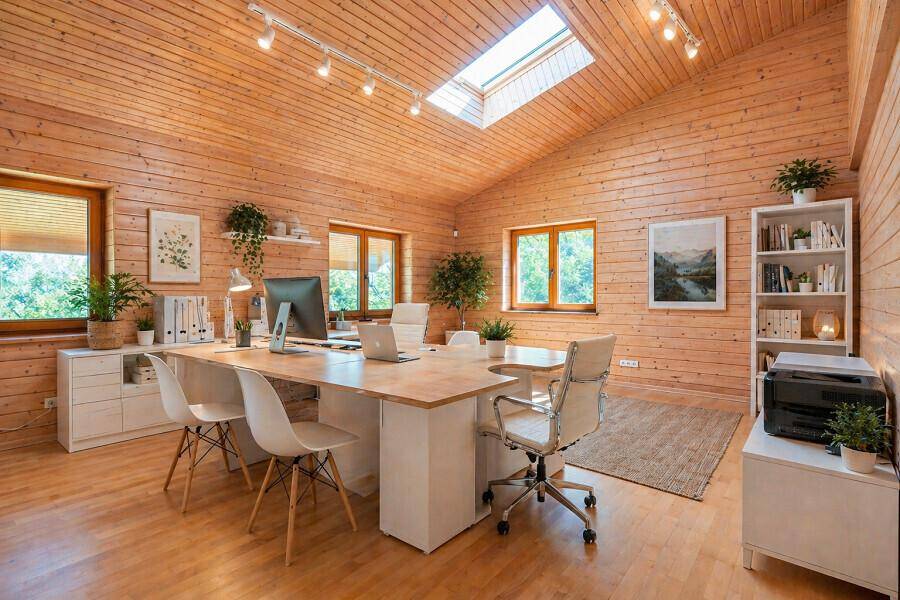 Helles Büro mit Holzwänden, Dachschräge, Dachfenster und moderner Büroeinrichtung.