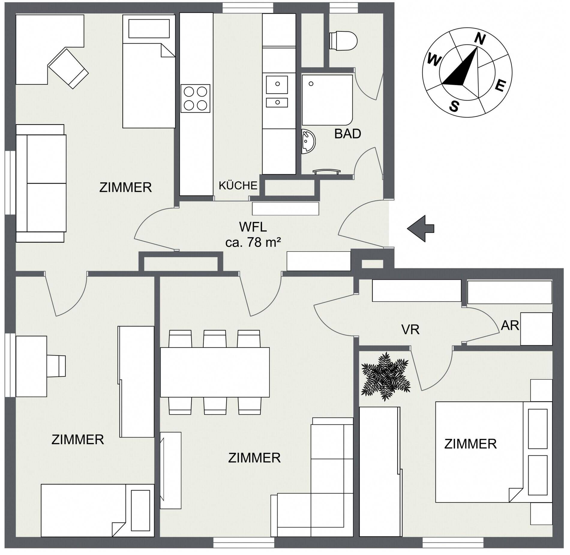 Grundriss einer Wohnung mit ca. 78 m² Wohnfläche und mehreren Zimmern.