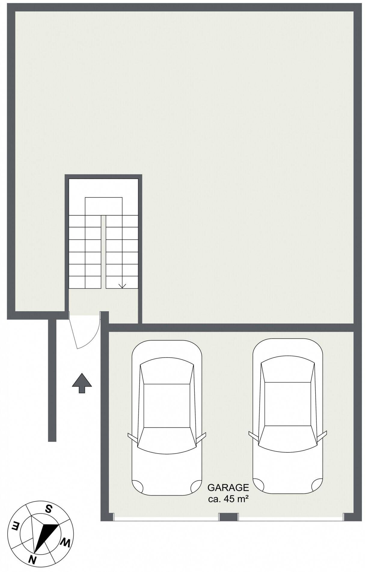 Grundriss des Garagenbereichs mit Platz für zwei Fahrzeuge und Treppenhauszugang.