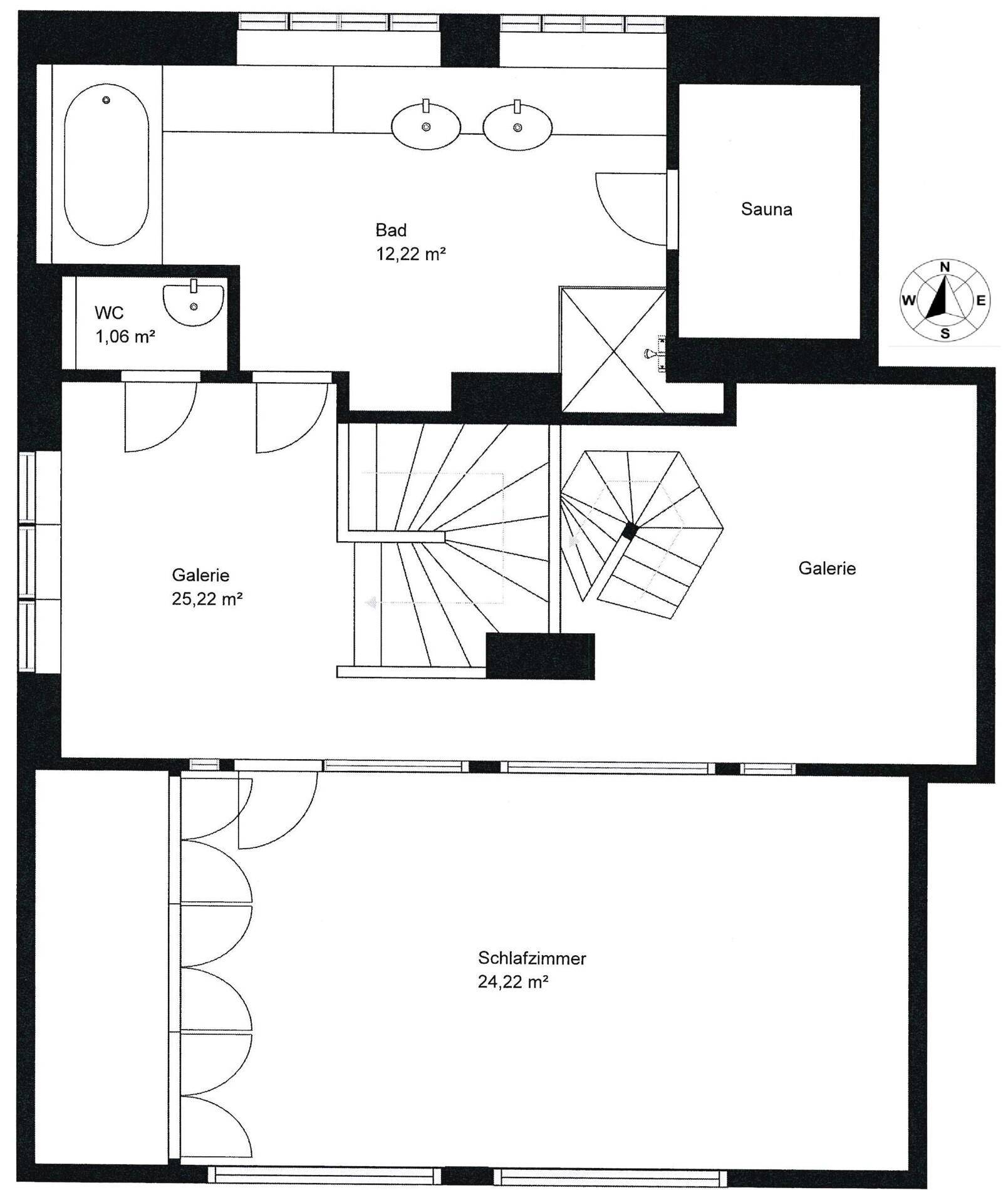 Grundriss des Obergeschosses mit Schlafzimmer, Bad, Sauna und Galeriebereich.