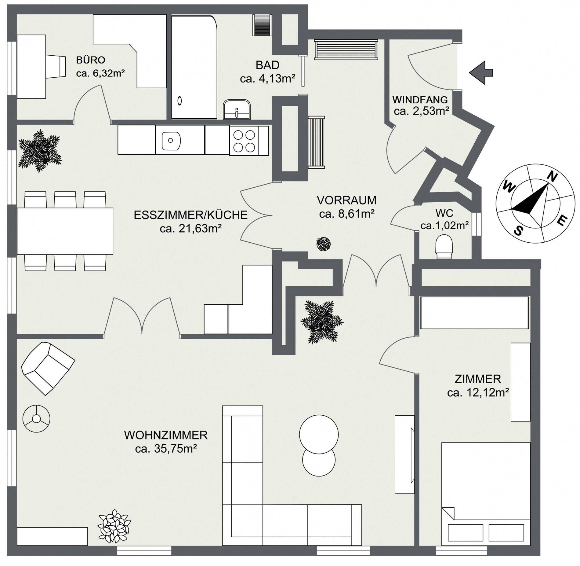 Grundriss der Wohnung mit Wohnzimmer, Esszimmer/Küche, Büro und zwei weiteren Zimmern.