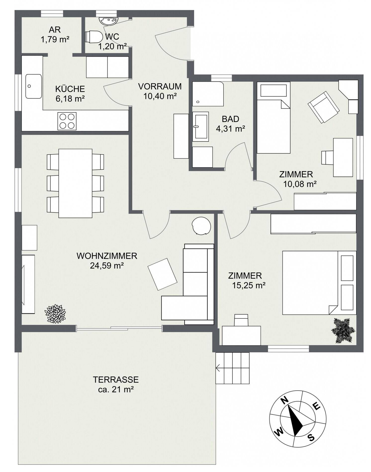 Grundriss des Hauses mit Wohnzimmer, Küche, zwei Zimmern, Bad und Terrasse.