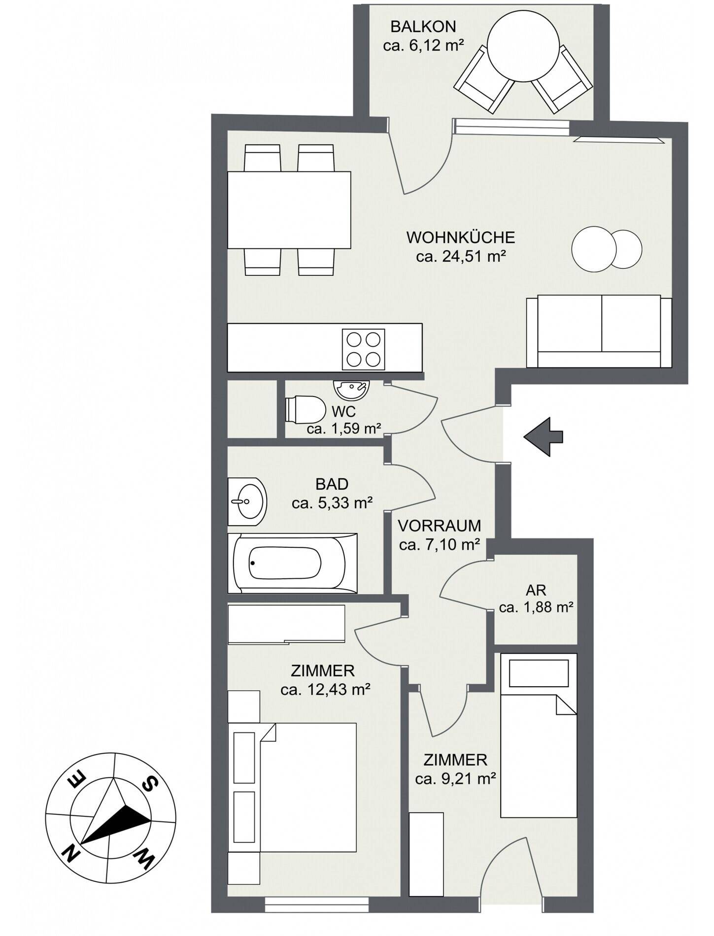 Grundriss einer Wohnung mit Wohnküche, zwei Zimmern, Bad, WC und Balkon.