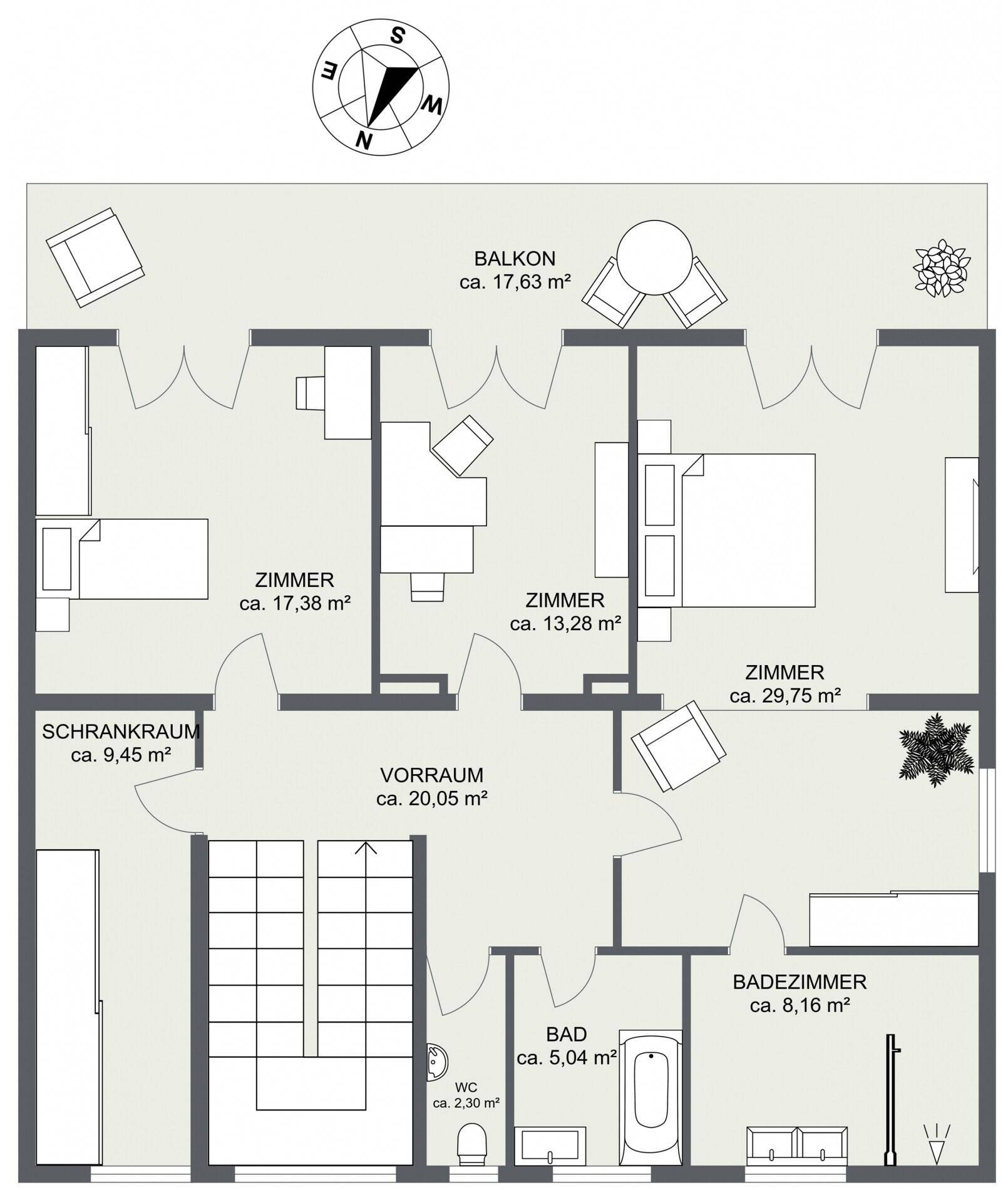 Grundriss des Obergeschosses mit mehreren Schlafzimmern, Bädern und Balkon.