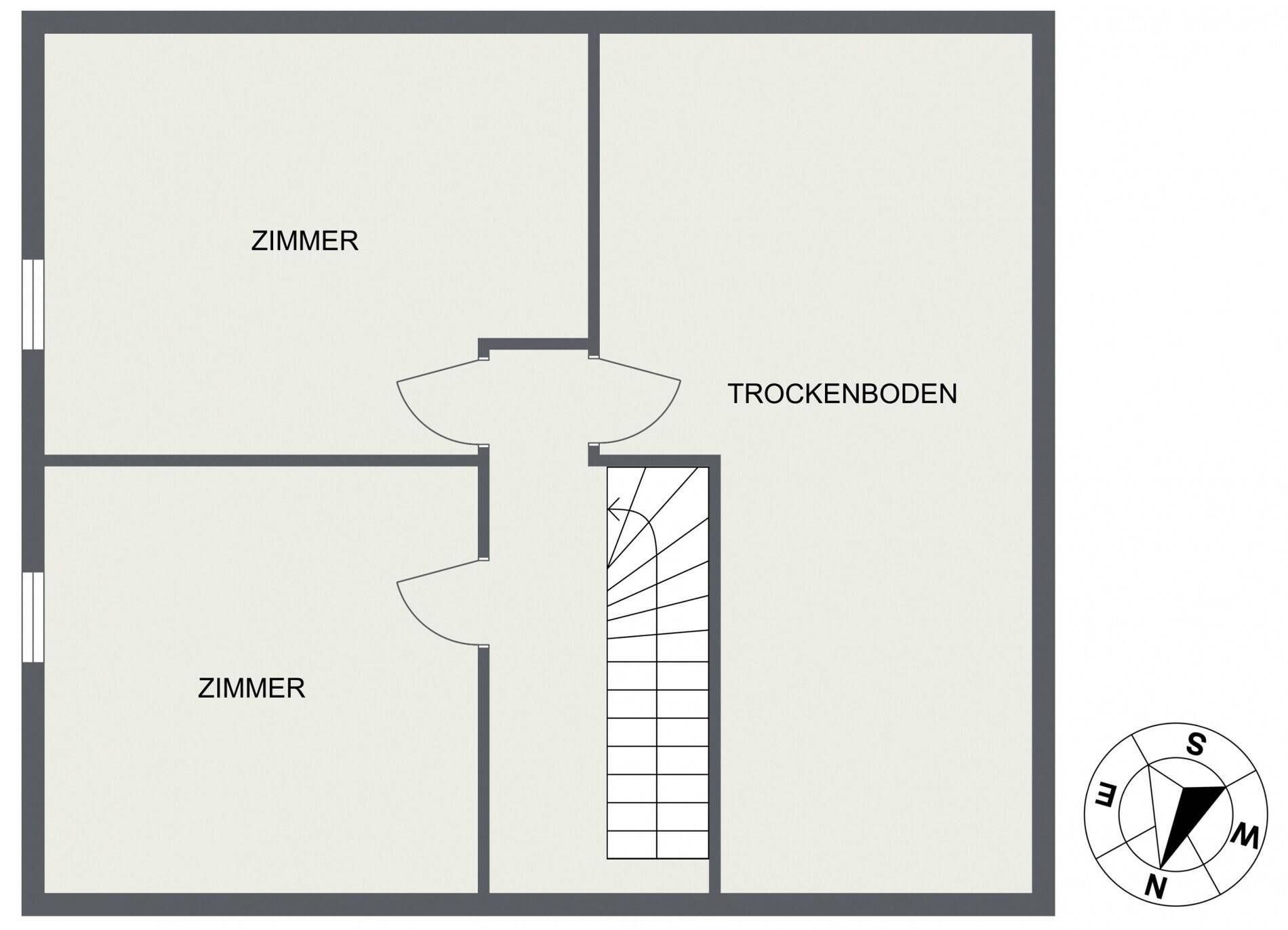 Grundriss des Obergeschosses mit zwei Zimmern und einem Trockenboden.
