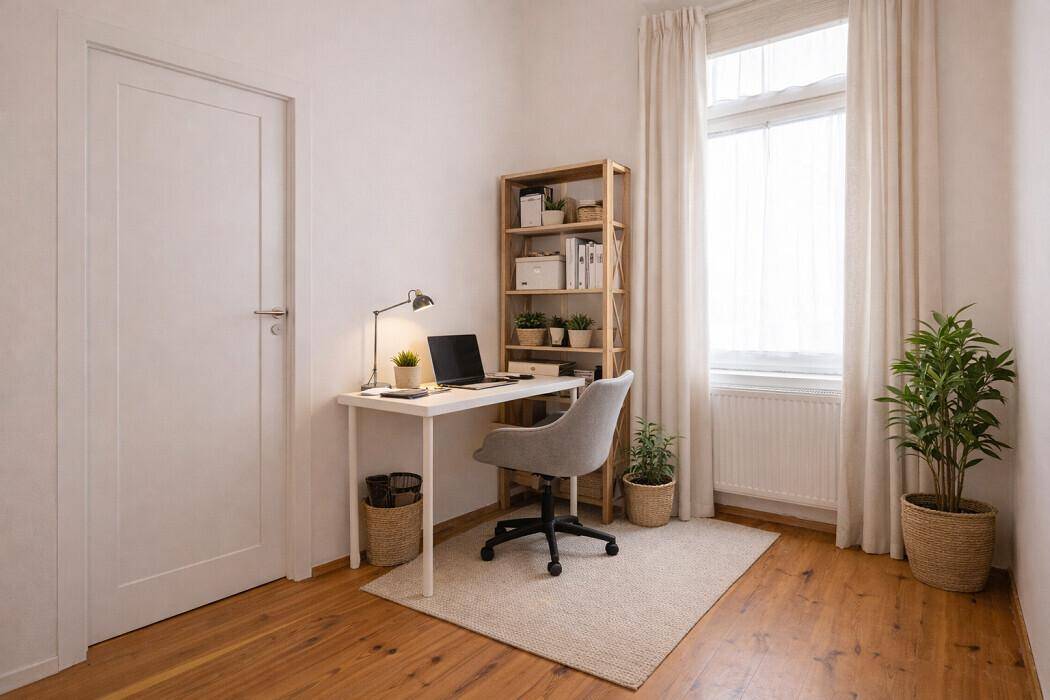 Helles Arbeitszimmer mit Holzdielenboden, Schreibtisch und Pflanzen.