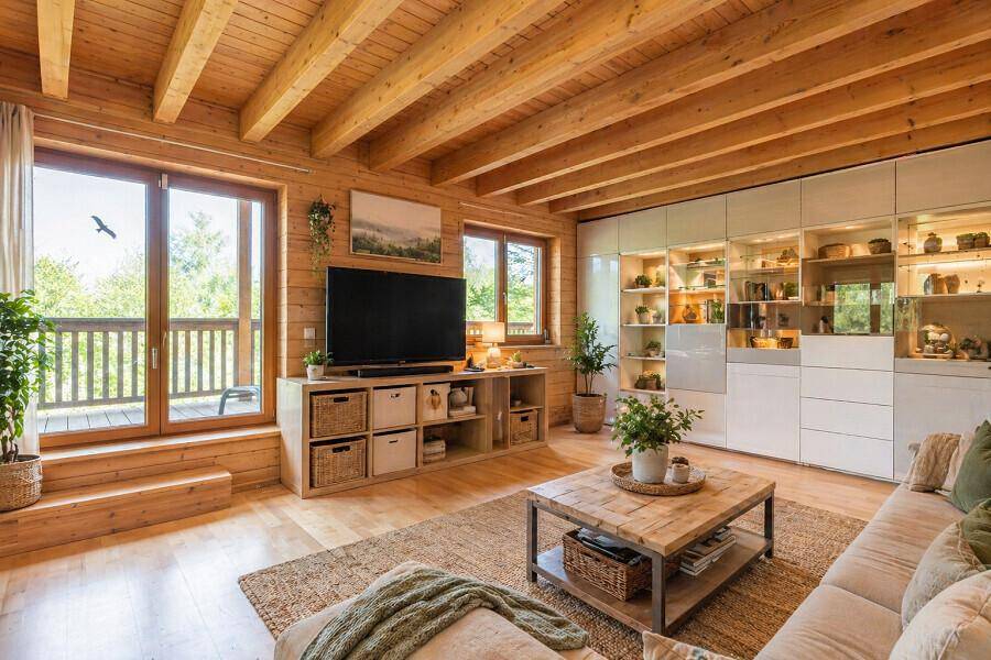 Helles Wohnzimmer mit Holzwänden, Holzbalkendecke und moderner Einrichtung.