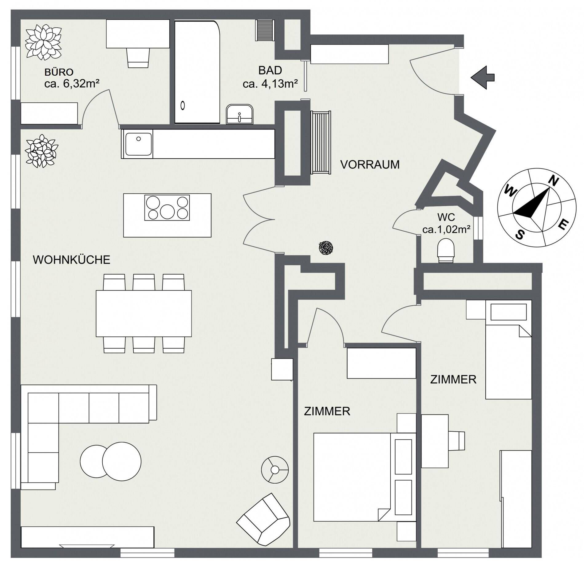 Alternativer Grundriss der Wohnung mit Wohnküche, Büro und zwei Schlafzimmern.