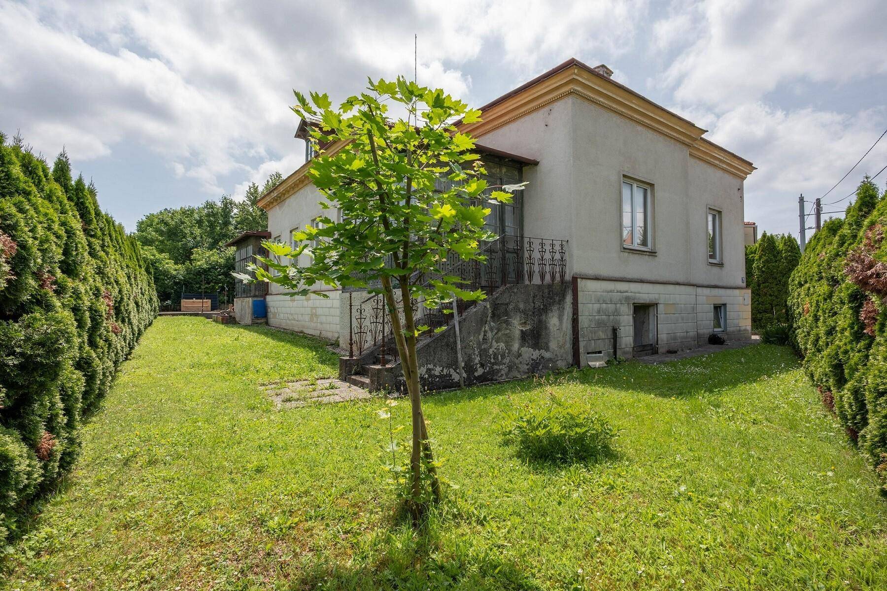 Seitenansicht eines älteren Hauses mit Rasenfläche, jungem Baum und hohen Hecken.