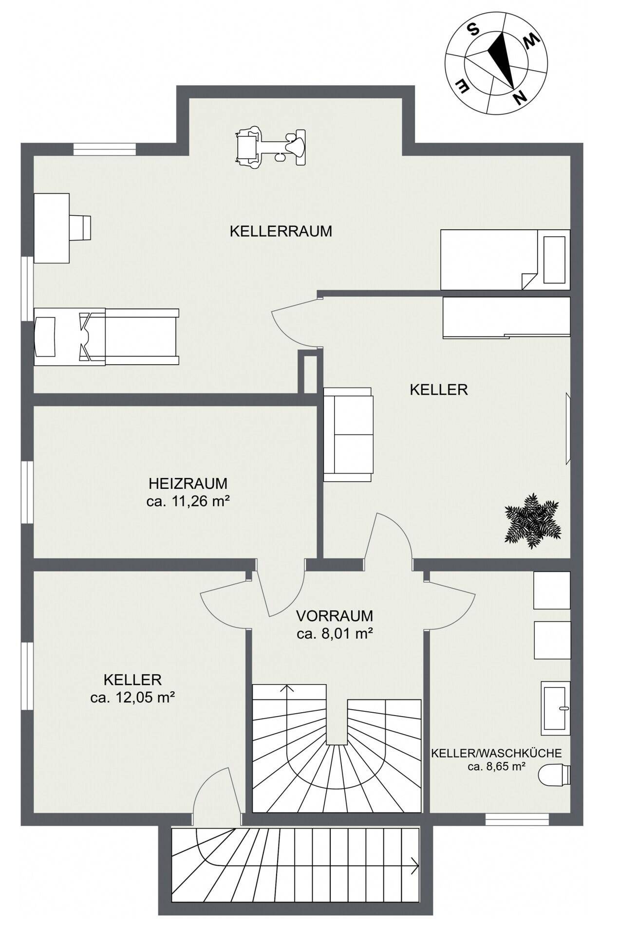 Grundriss des Kellergeschosses mit Heizraum, Kellerräumen und Kellerwaschküche.