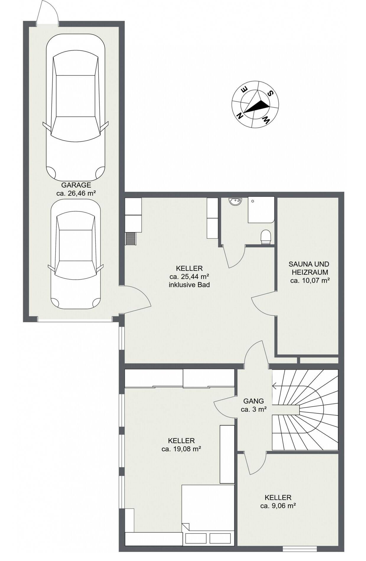 Grundriss des Untergeschosses mit Garage, Kellerräumen, Bad und Sauna.