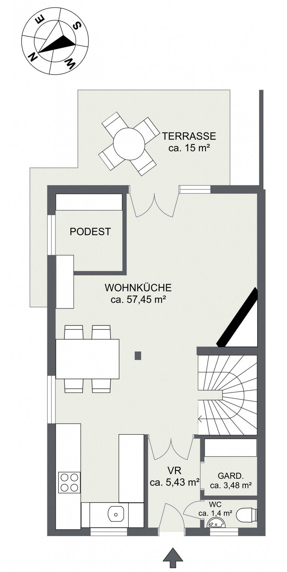 Grundriss des Erdgeschosses mit offener Wohnküche, Terrasse und separatem WC.