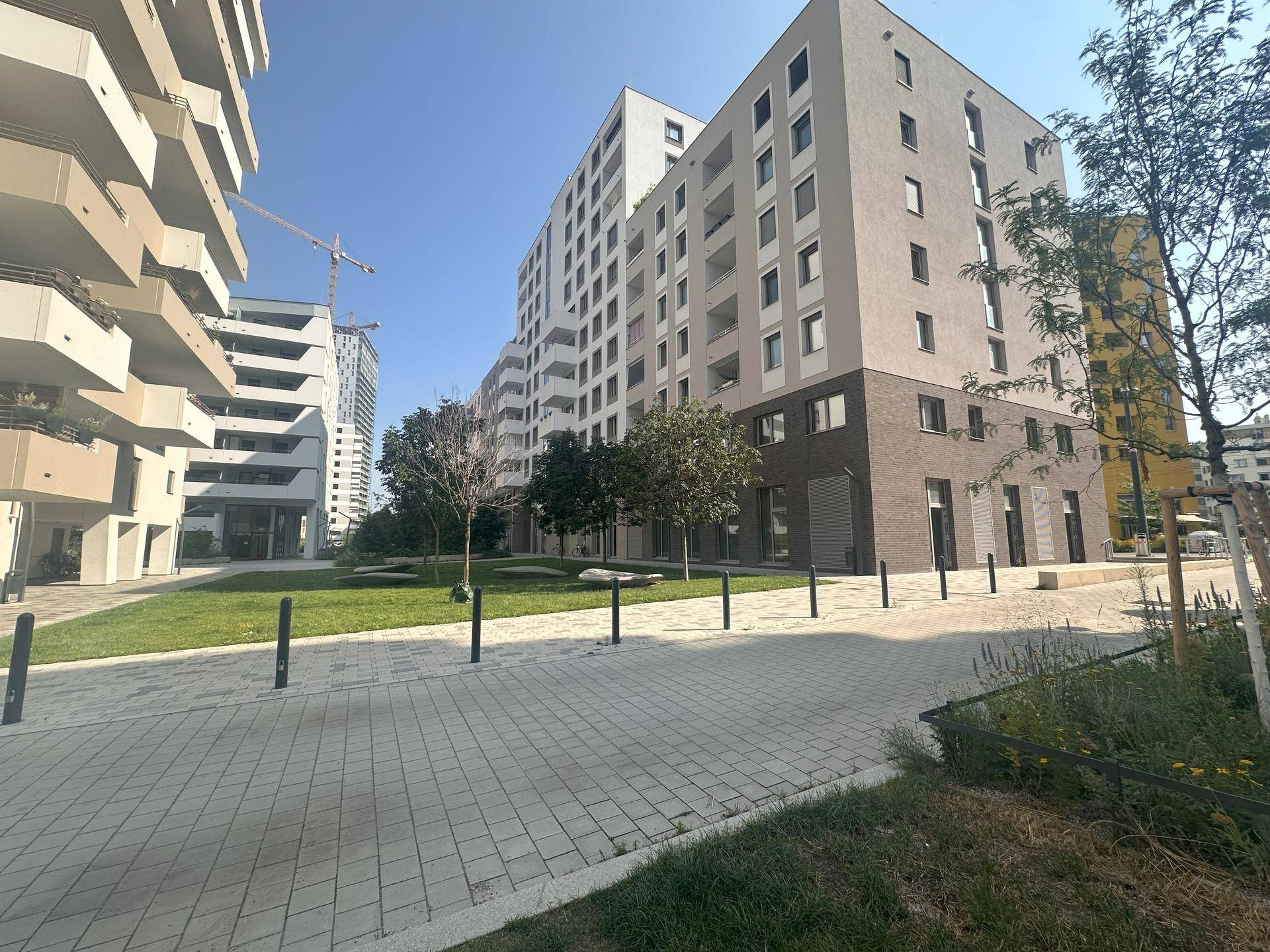 Eine moderne Wohnanlage mit gepflasterten Wegen und Grünflächen, umgeben von hohen Gebäuden an einem sonnigen Tag.