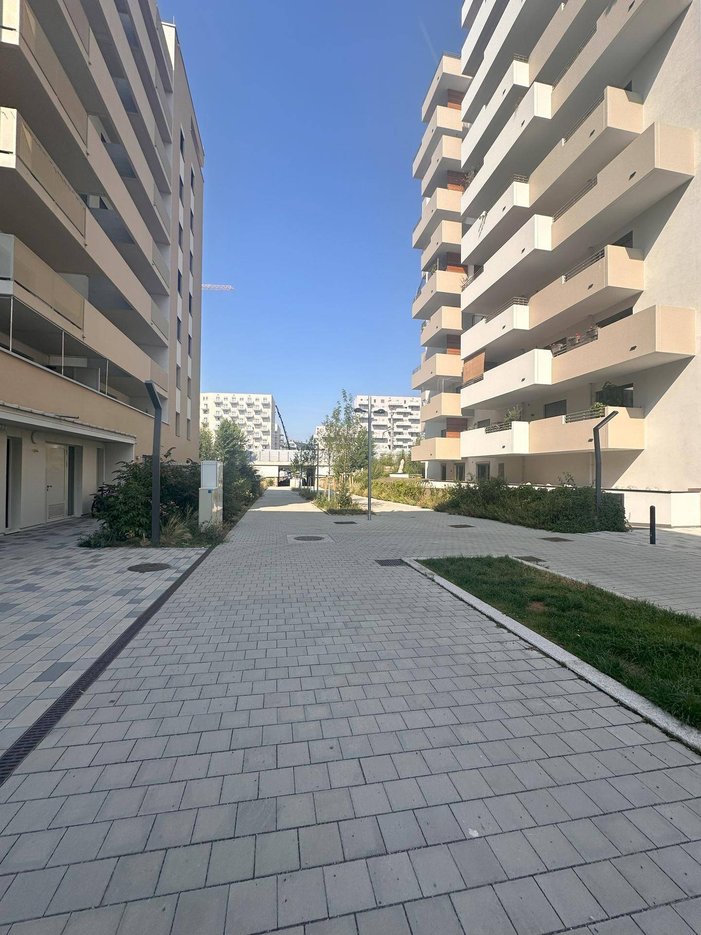 Gepflasterter Fußweg zwischen zwei modernen Wohngebäuden, gesäumt von kleinen Grünflächen und Bäumen.