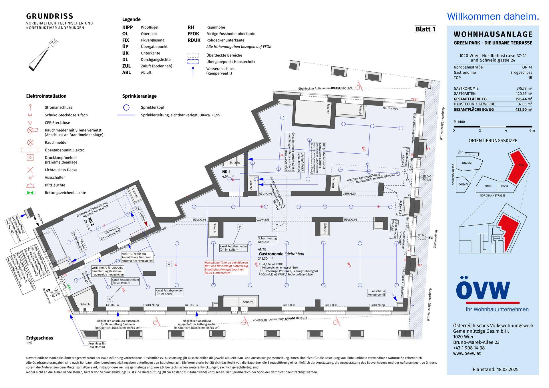Detaillierter Grundriss Blatt 1 mit Elektroinstallationen und Sprinkleranlage für das Erdgeschoss des Gebäudes.