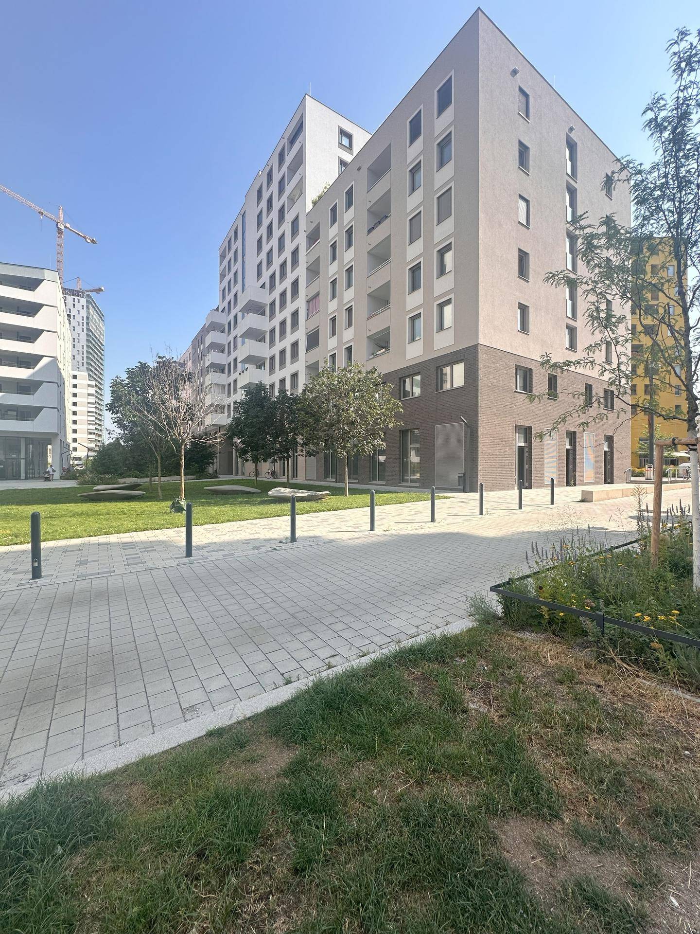 Eckansicht eines modernen Gebäudes mit einer gepflegten Grünfläche und einem gepflasterten Weg im Vordergrund.