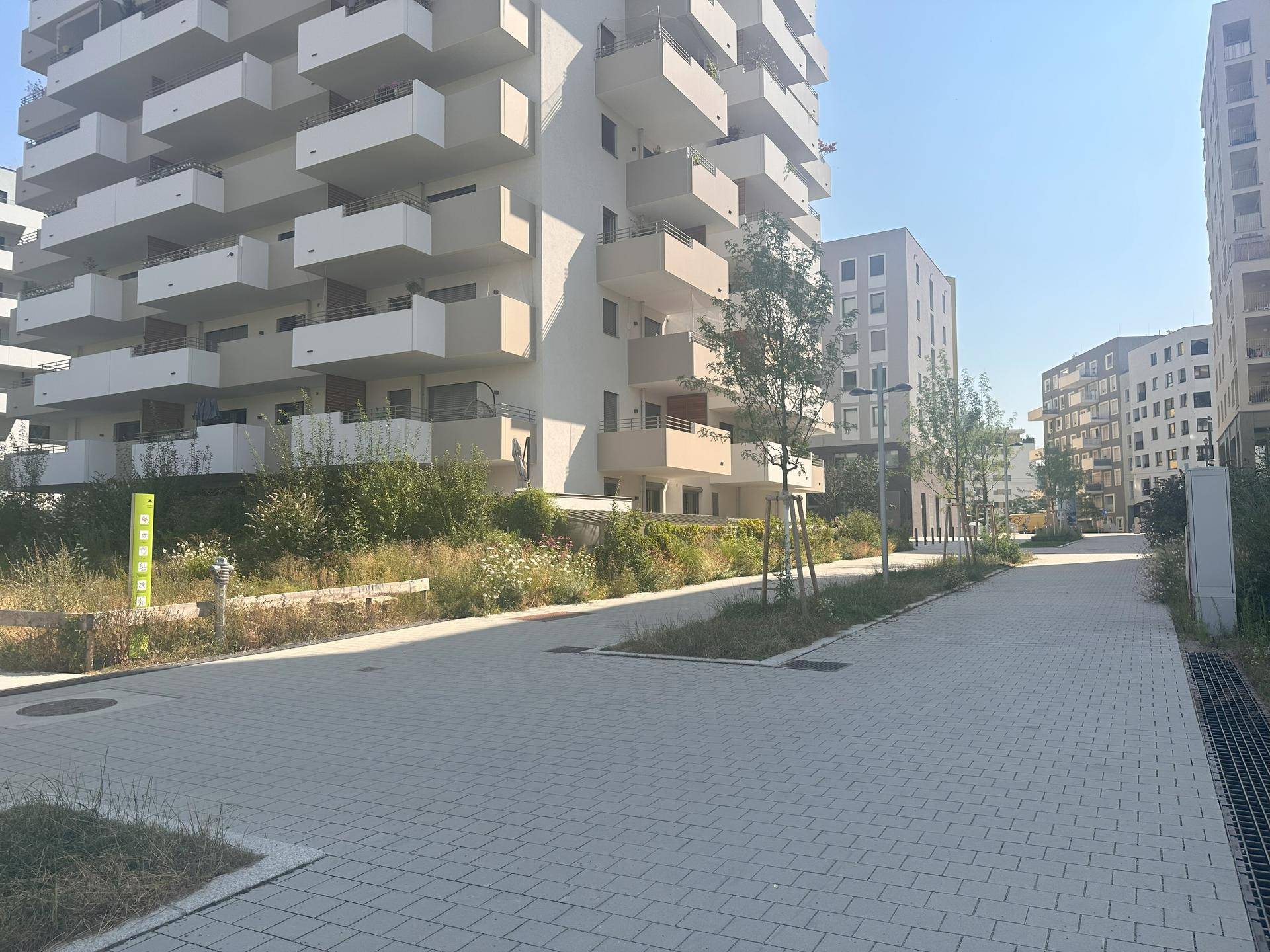 Gepflasterter Weg mit Grünstreifen, der an modernen Gebäuden mit Balkonen vorbeiführt, unter blauem Himmel.