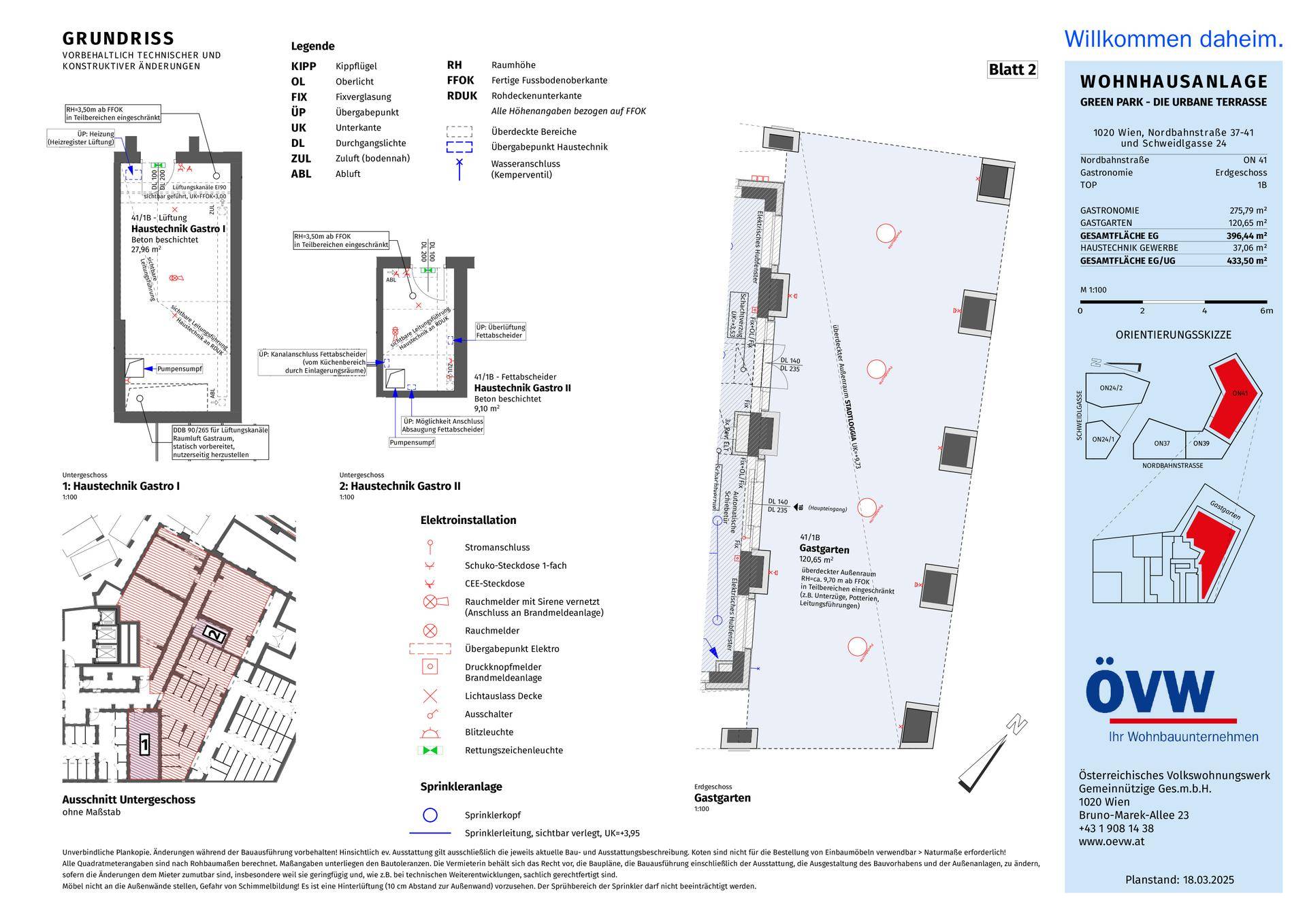 Technischer Grundriss mit Details zu Haustechnik, Elektroinstallation und Gastgartenbereichen.