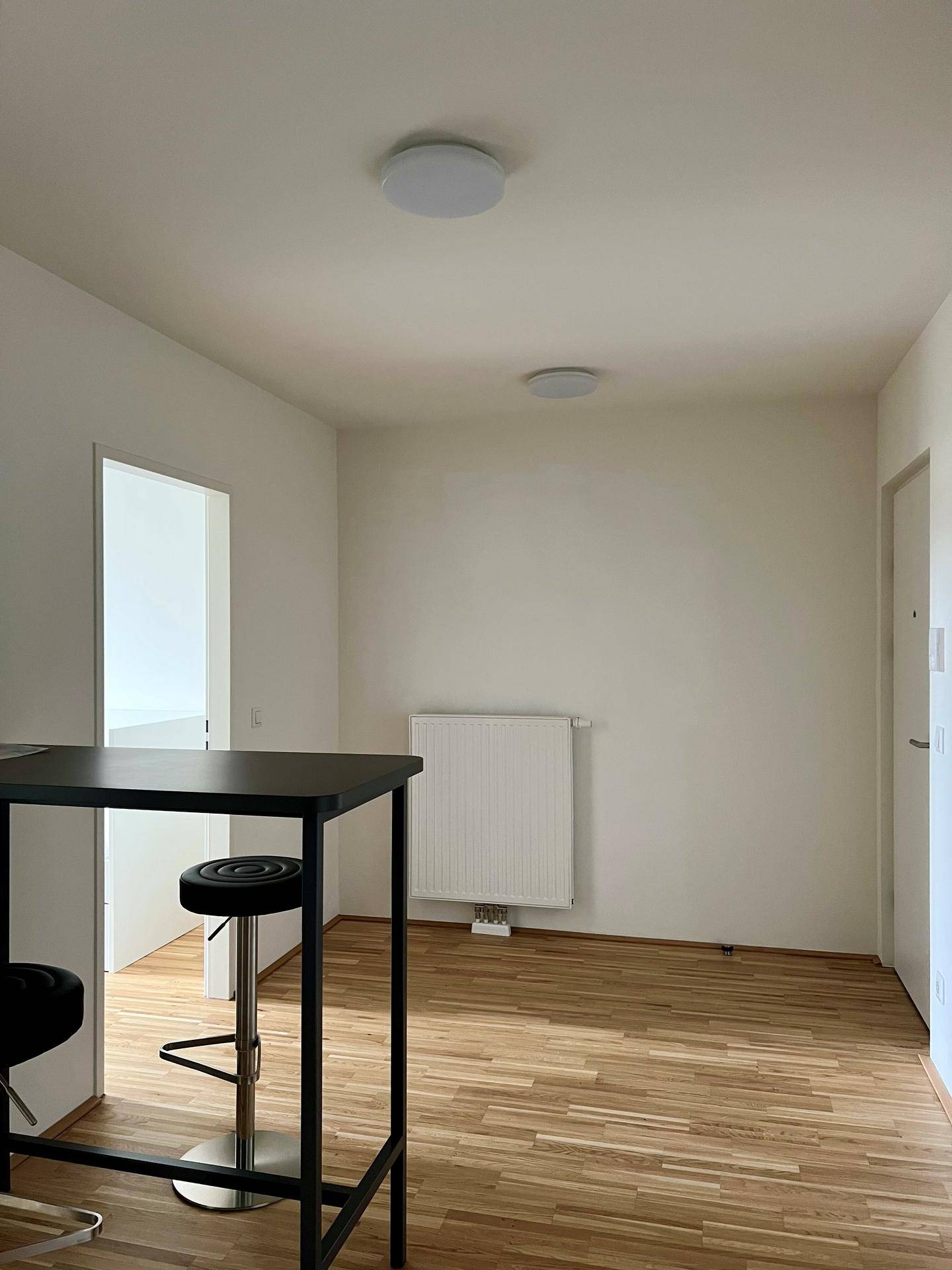 Heller Eingangsbereich mit Holzparkettboden und einem modernen Stehtisch mit Barhockern.