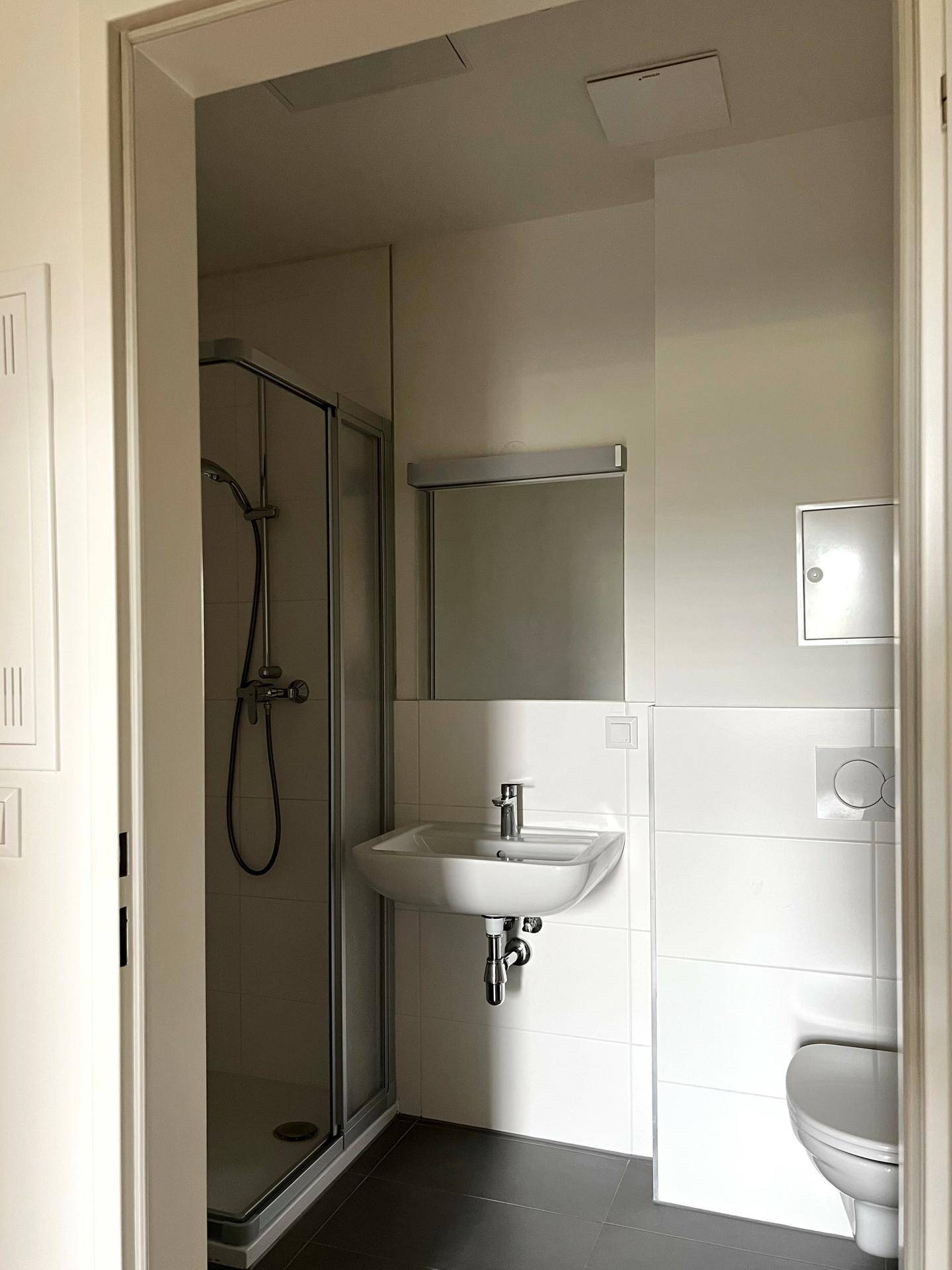 Modernes Badezimmer mit Dusche, Waschbecken und WC, ausgestattet mit dunklen Bodenfliesen.