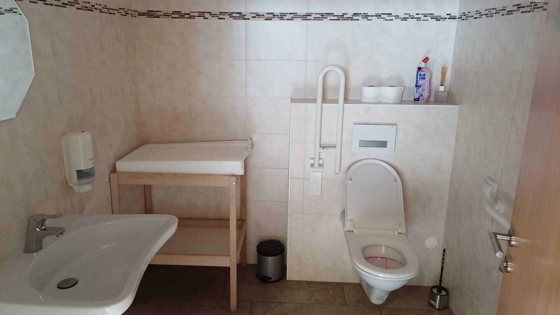 Barrierefreies Badezimmer mit Wickeltisch, Haltegriffen und wandhängender Toilette, hell gefliest.