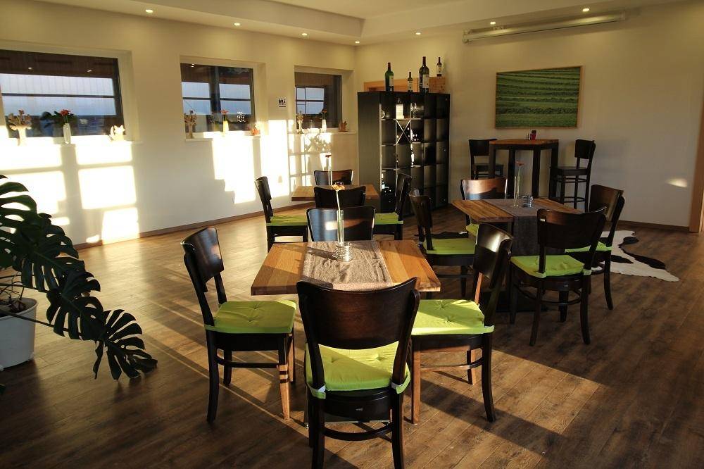 Heller Speisesaal mit Holzboden, Holztischen und grünen Stühlen, durchflutet von natürlichem Sonnenlicht.