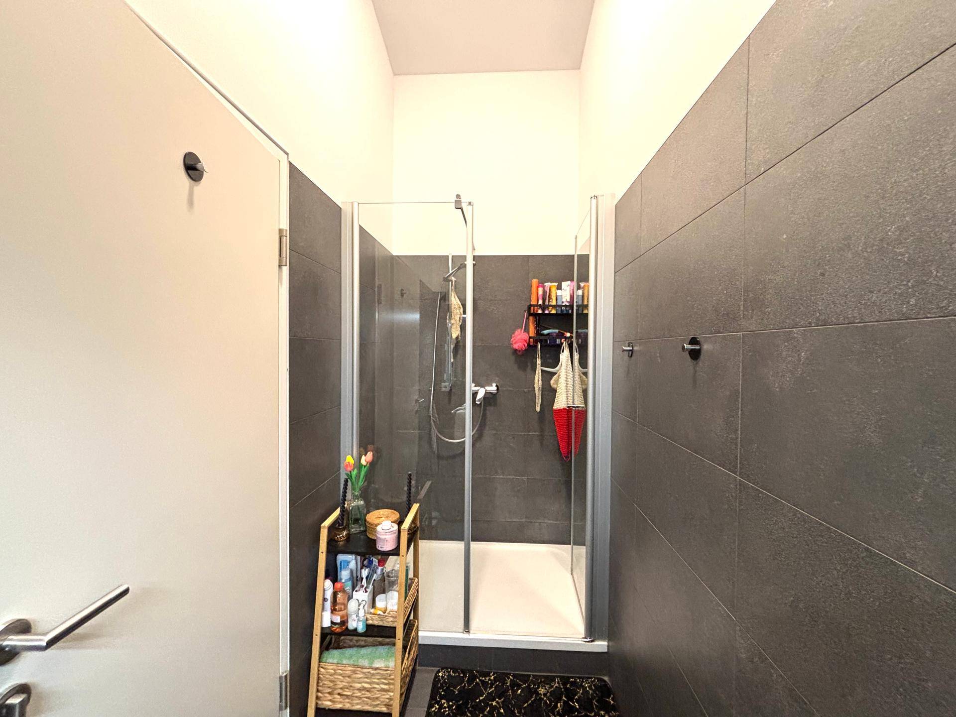 Modernes Badezimmer mit großer Duschkabine und dunklen Fliesen an Wänden und Boden.