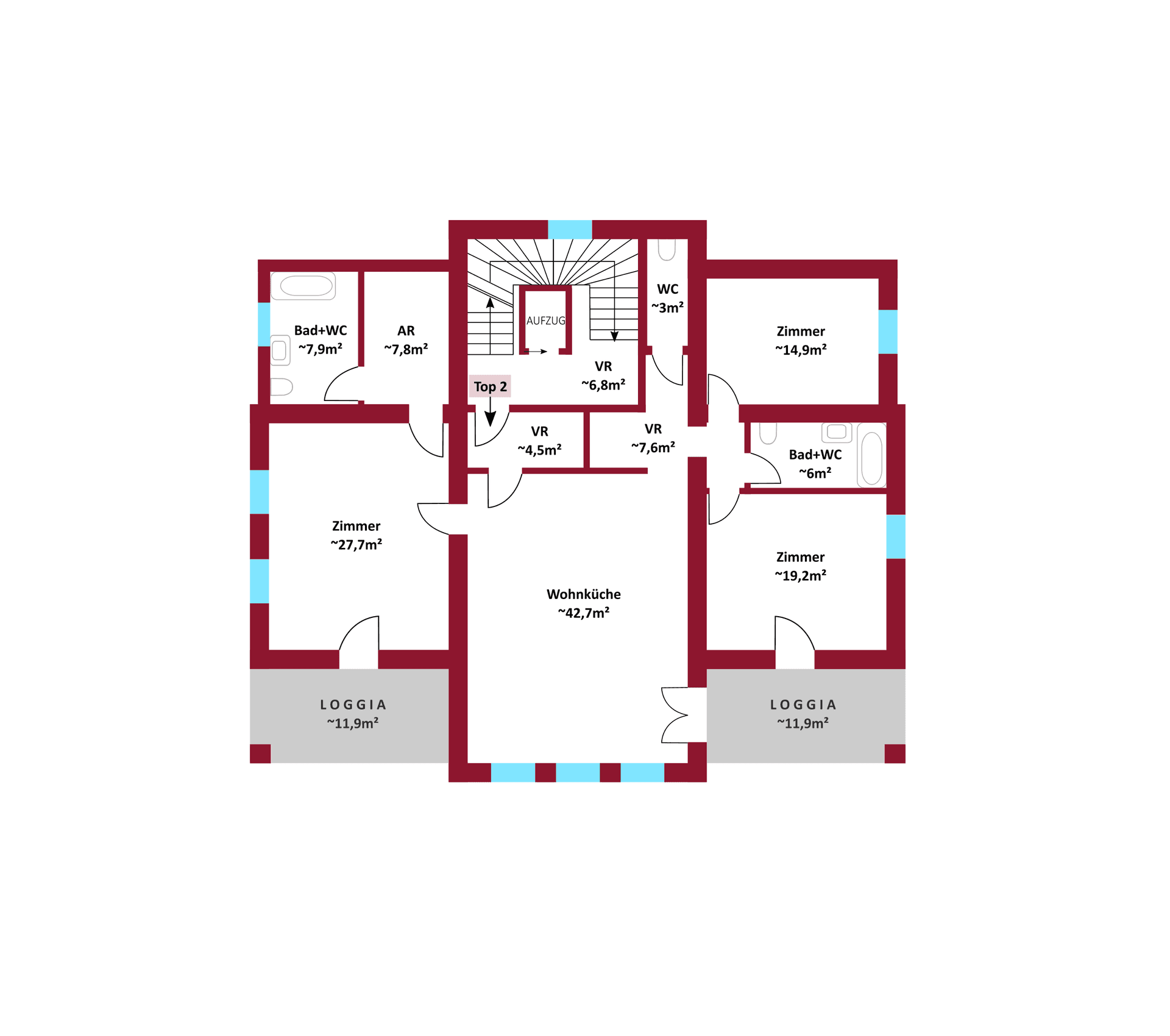 Grundriss der Wohneinheit Top 2 mit Wohnküche, zwei Loggien und drei Zimmern.