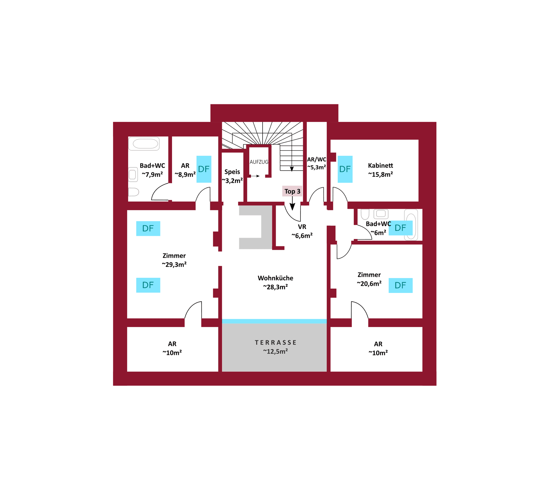 Grundriss der Wohnung Top 3 mit Wohnküche, zwei Bädern, Speisekammer und Terrasse.