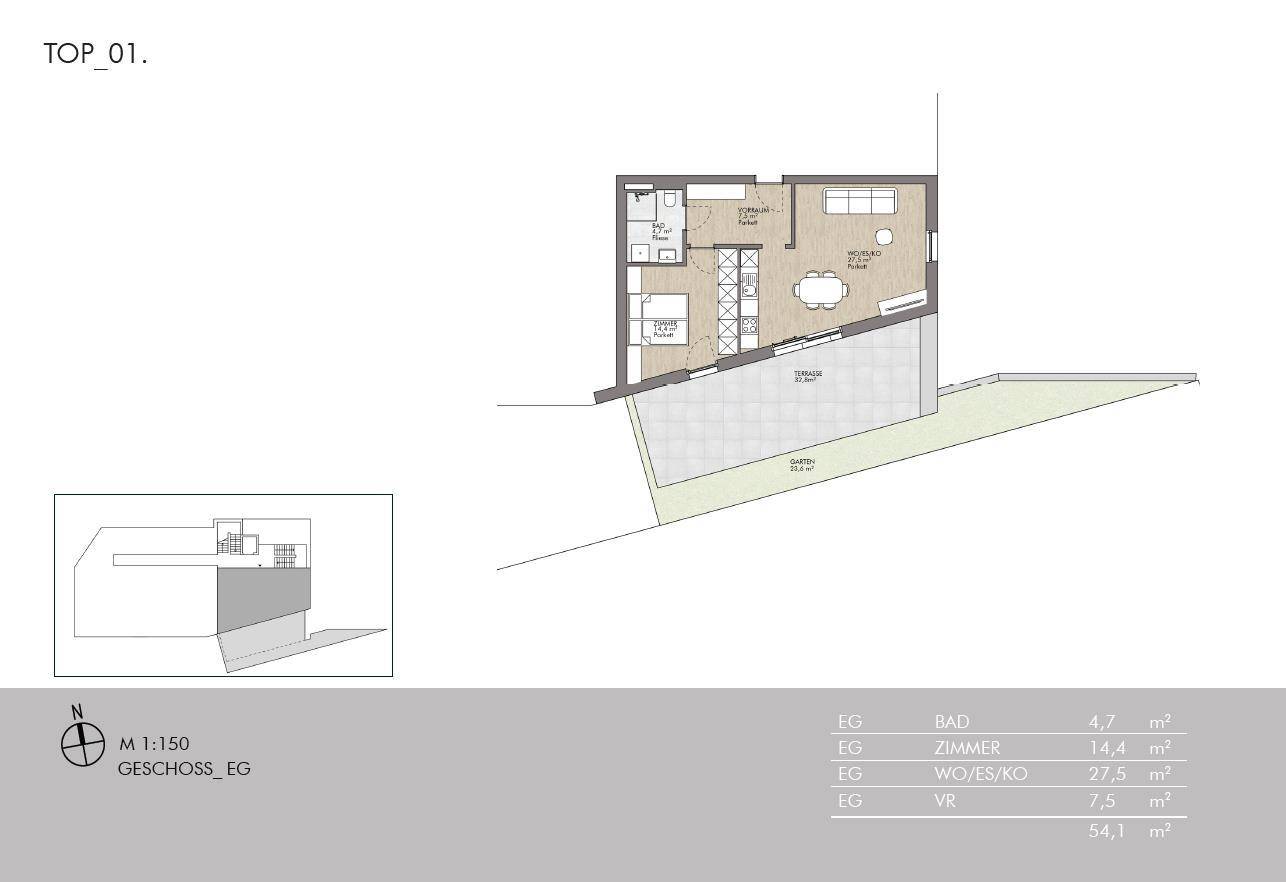 Grundriss des Erdgeschosses mit offenem Wohnbereich, Terrasse und Garten.