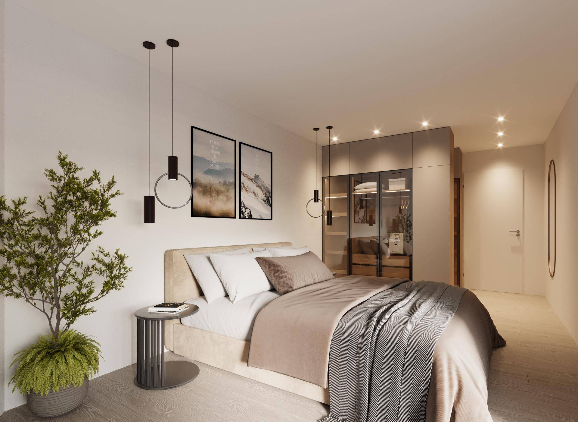Modernes Schlafzimmer mit integriertem Kleiderschrank und stilvoller Beleuchtung, bietet Komfort.