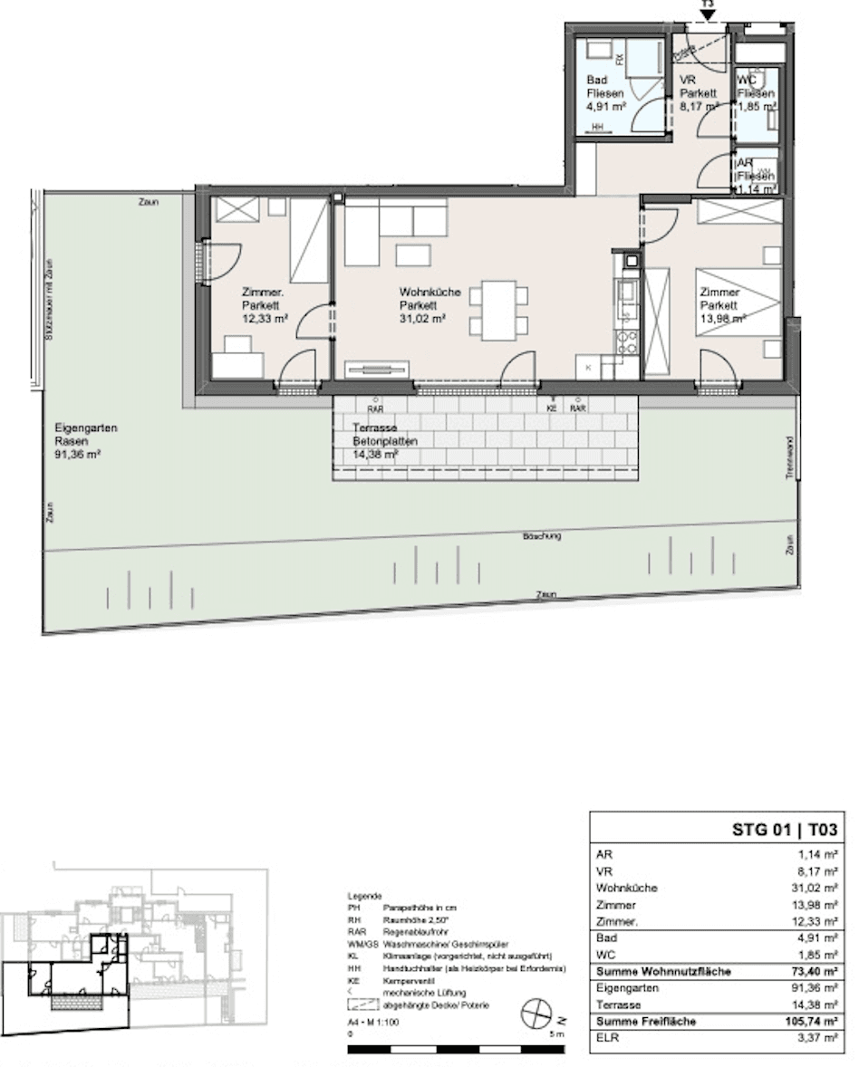 Grundriss einer Wohnung mit offener Wohnküche, zwei Zimmern, Bad, separatem WC, Terrasse und eigenem Garten.