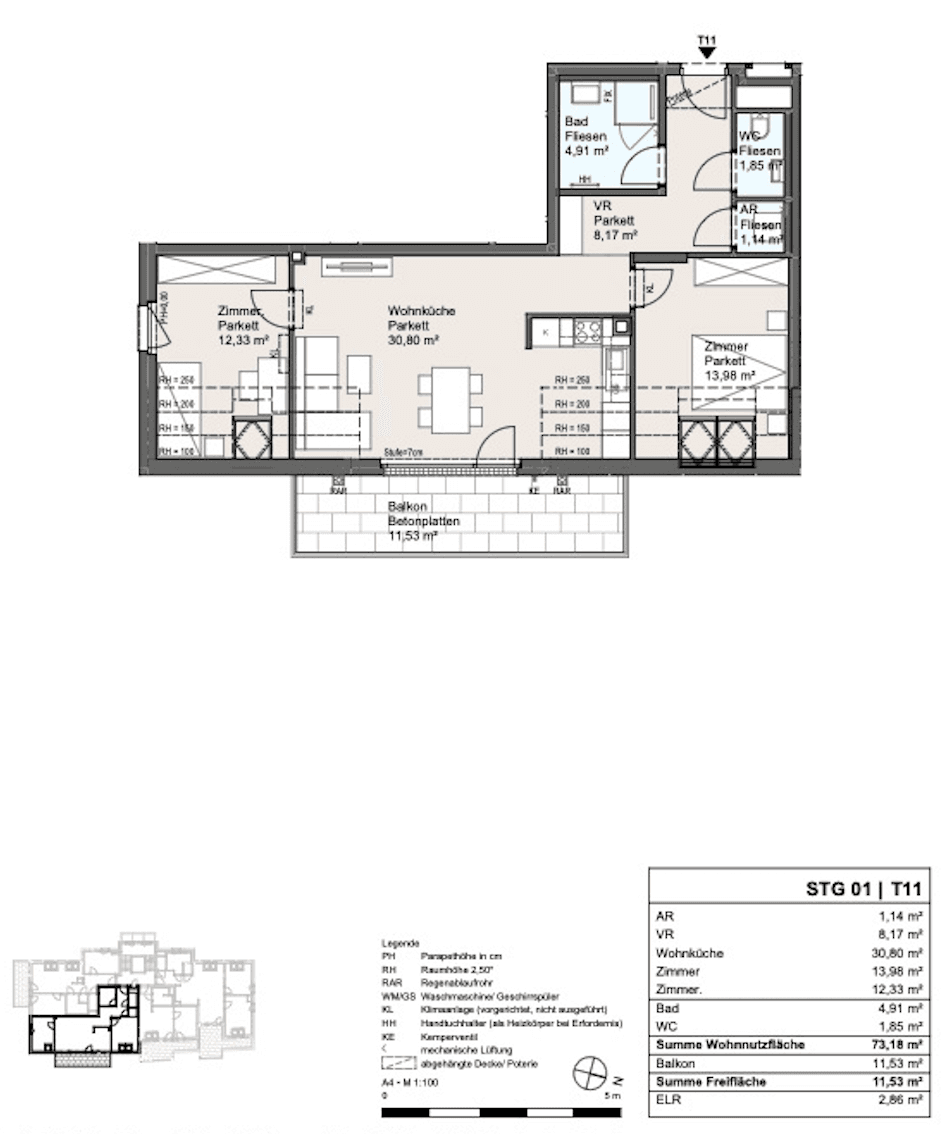Grundriss einer Wohnung mit offenem Wohn-Essbereich, zwei Schlafzimmern, Bad, separatem WC und Balkon.